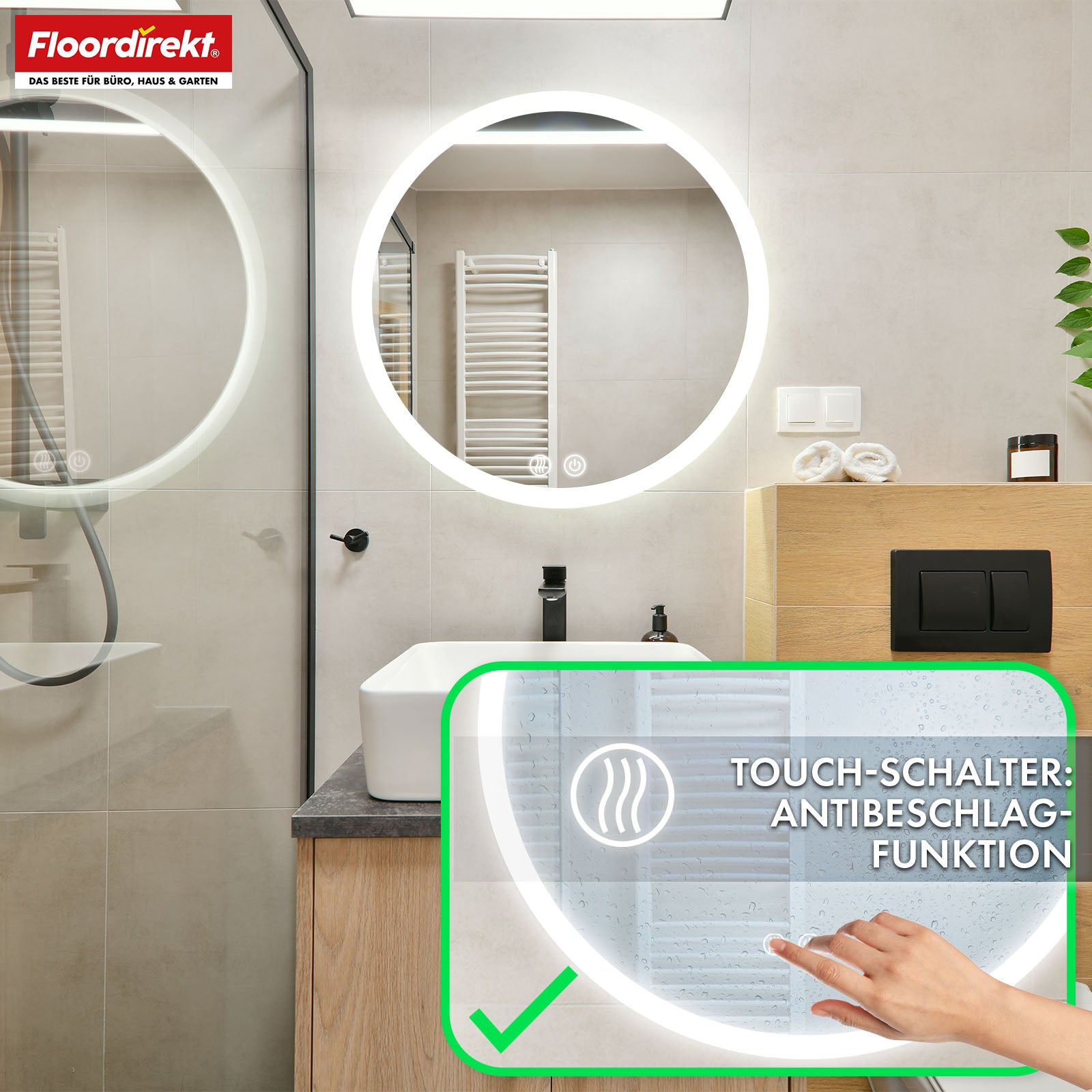Bathroom mirror with LED lighting | Liora | Touch control with anti-fog function & 3 selectable light colours | Available in various sizes