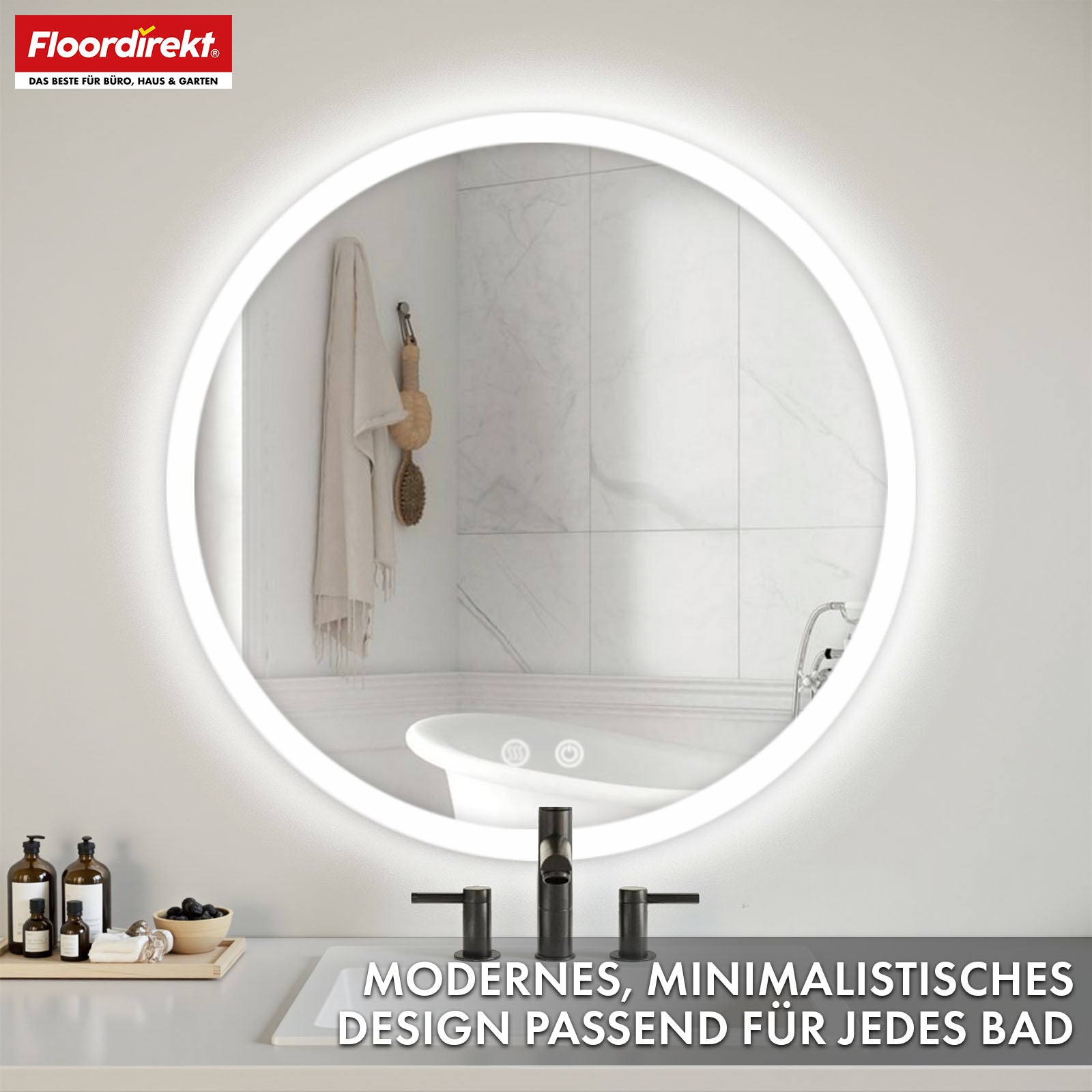 Bathroom mirror with LED lighting | Liora | Touch control with anti-fog function & 3 selectable light colours | Available in various sizes