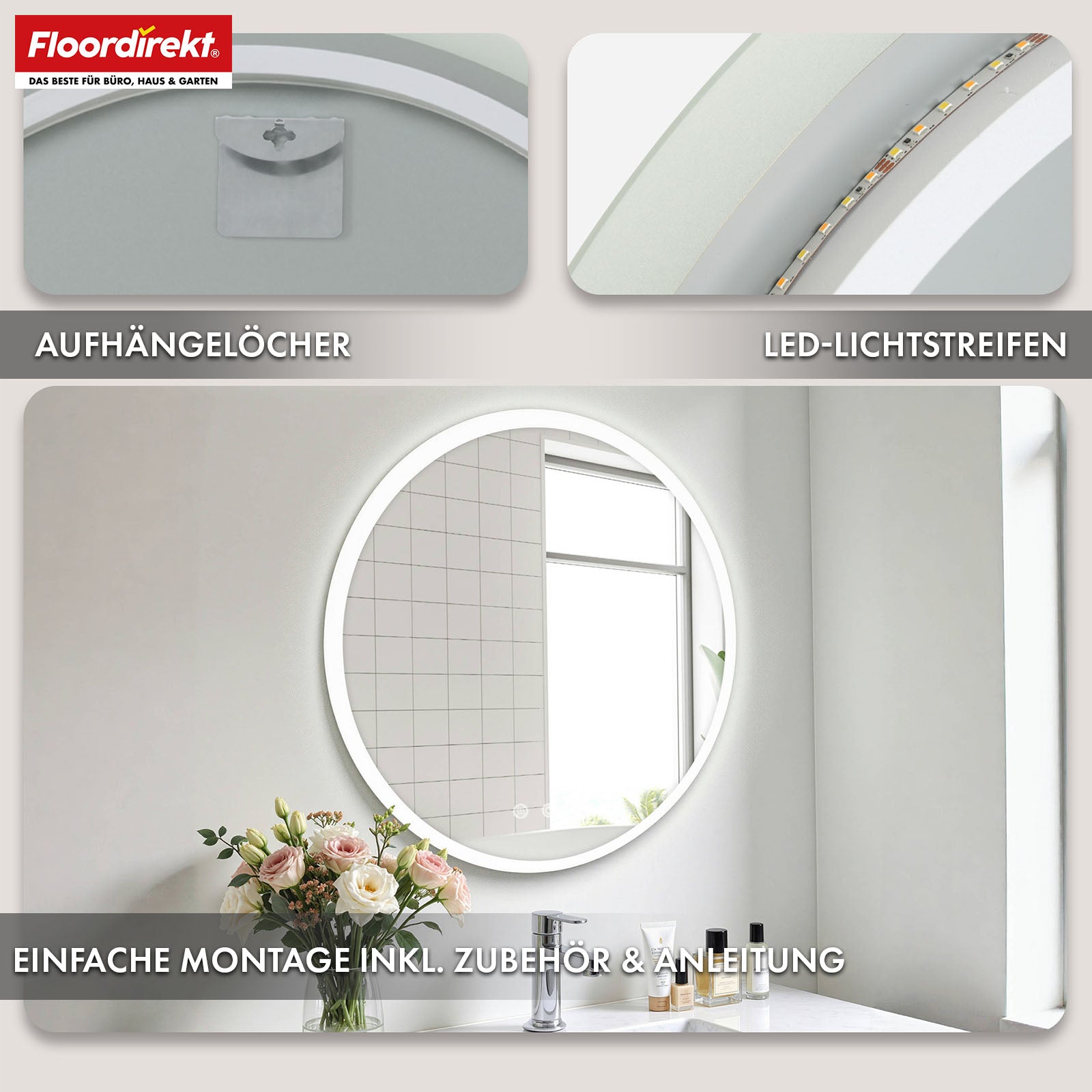 Bathroom mirror with LED lighting | Liora | Touch control with anti-fog function & 3 selectable light colours | Available in various sizes