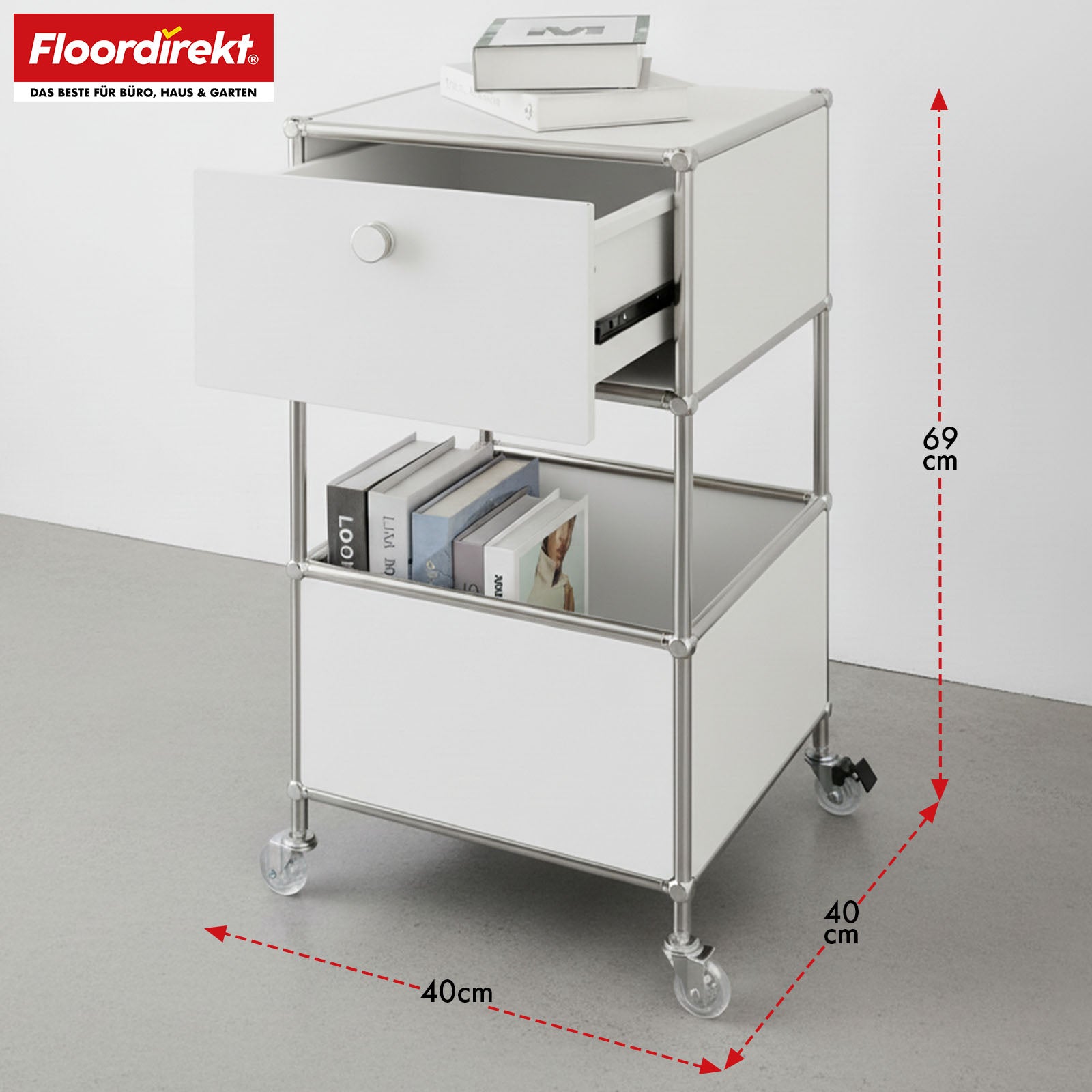 Metal shelving unit | Concept Epure MK-145 | 3-tier rolling container with drawer & shelves | Available in several colours