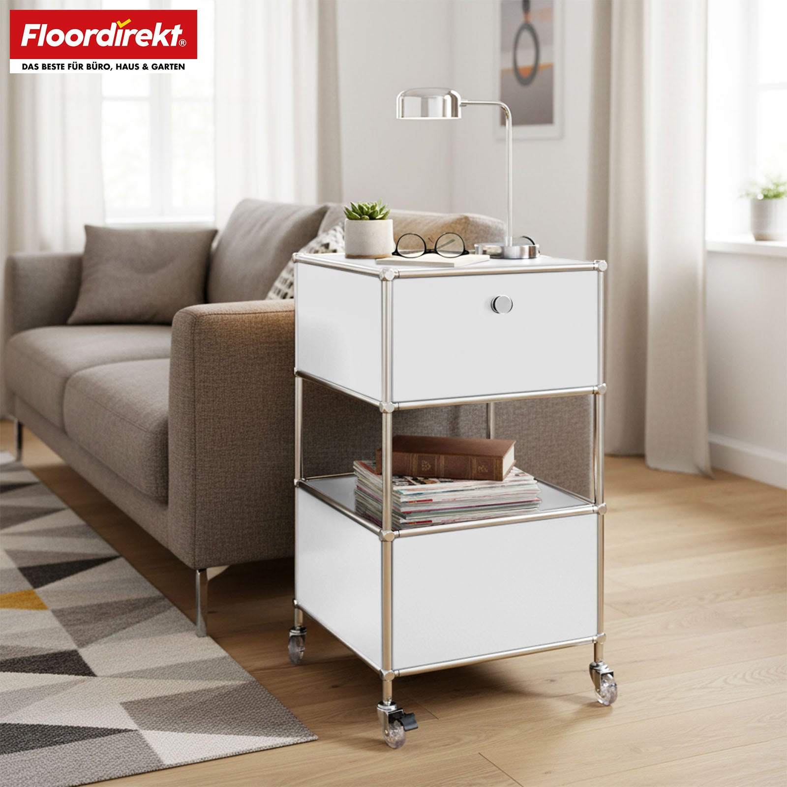 Metal shelving unit | Concept Epure MK-145 | 3-tier rolling container with drawer & shelves | Available in several colours