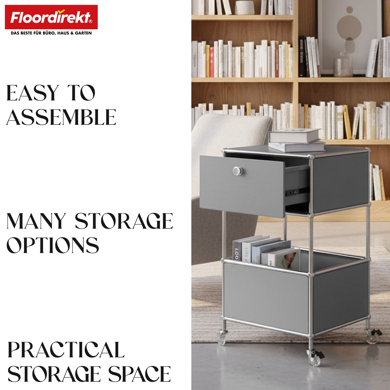 Metal shelving unit | Concept Epure MK-145 | 3-tier rolling container with drawer & shelves | Available in several colours