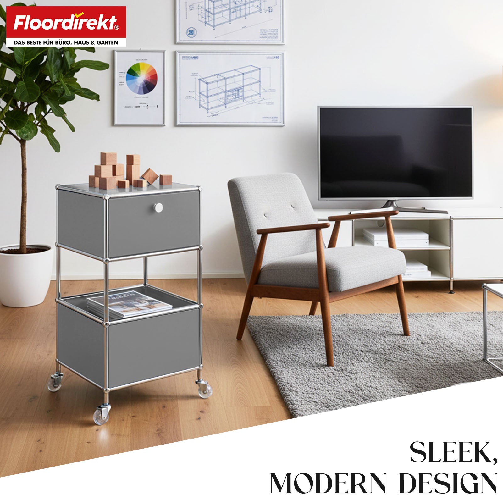 Metal shelving unit | Concept Epure MK-145 | 3-tier rolling container with drawer & shelves | Available in several colours