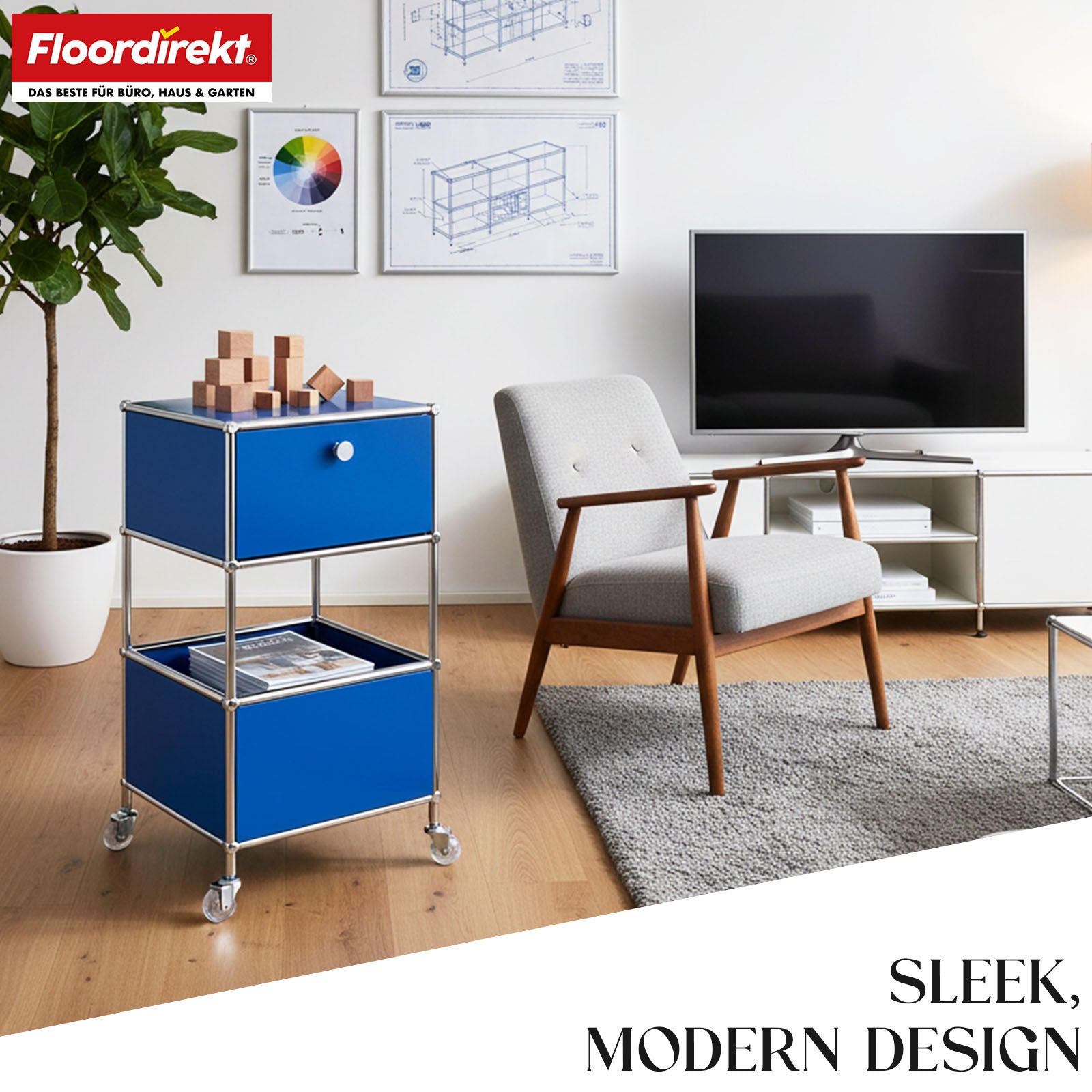 Metal shelving unit | Concept Epure MK-145 | 3-tier rolling container with drawer & shelves | Available in several colours