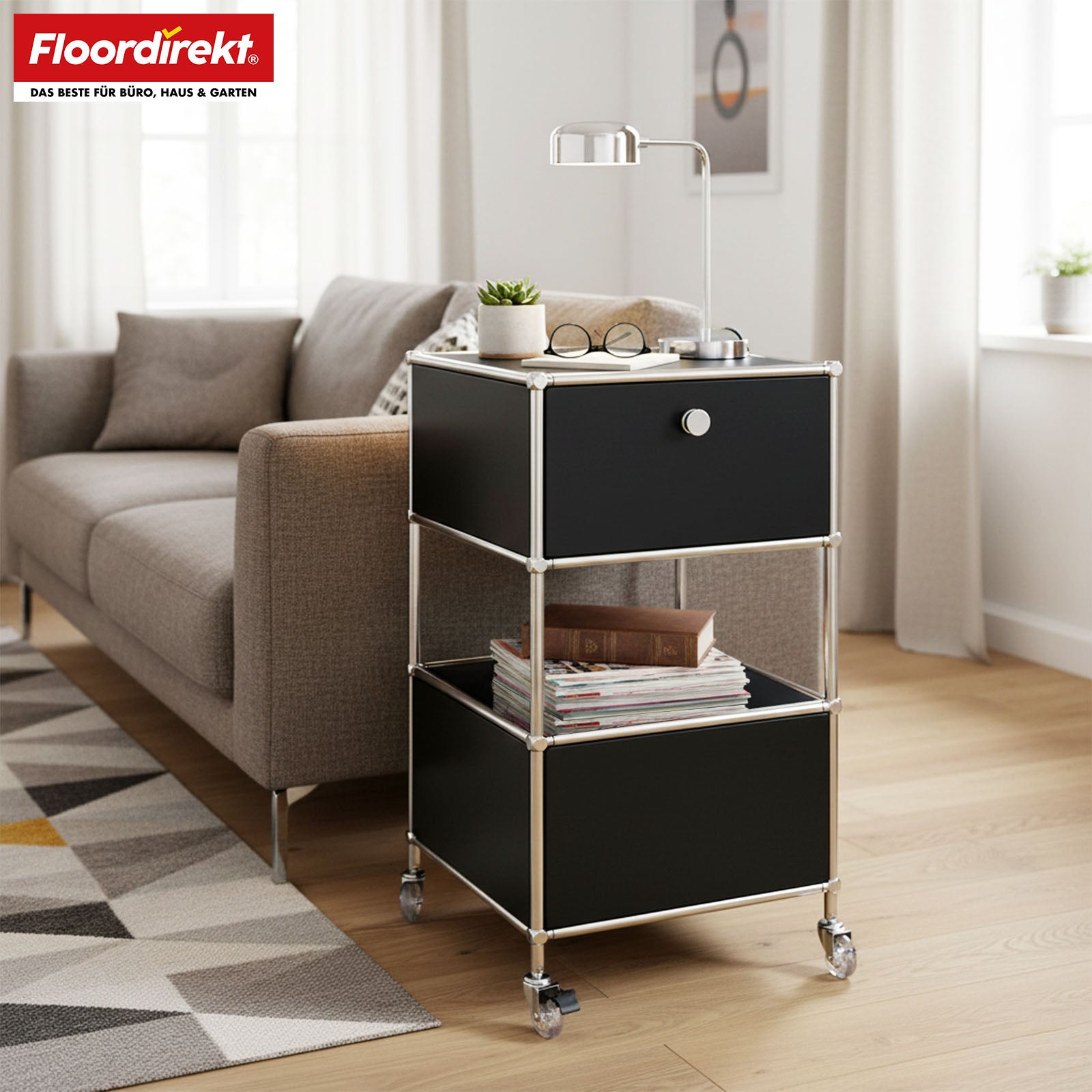 Metal shelving unit | Concept Epure MK-145 | 3-tier rolling container with drawer & shelves | Available in several colours