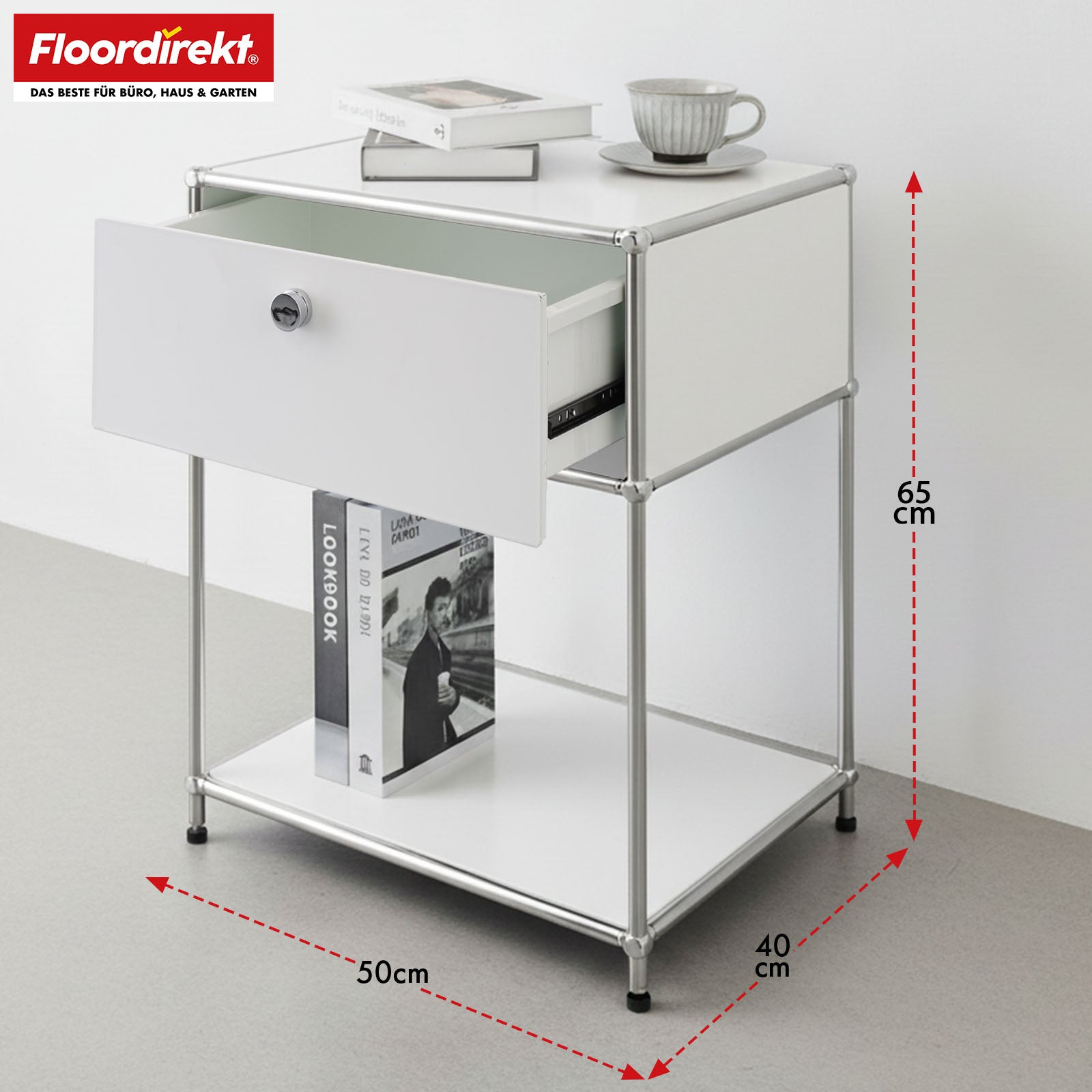 Metal shelving unit | Concept Epure MK-139 | Side table & storage shelf with drawer & shelves | Available in several colours