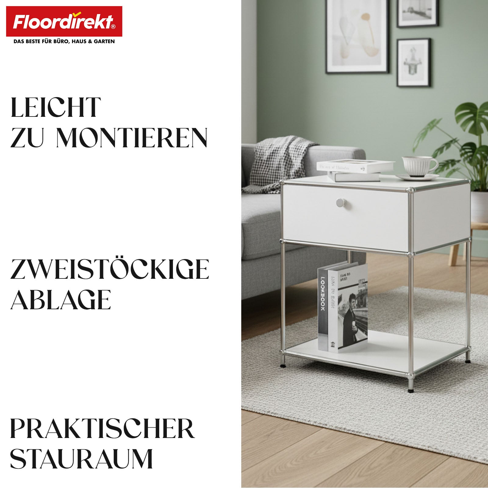 Metal shelving unit | Concept Epure MK-139 | Side table & storage shelf with drawer & shelves | Available in several colours