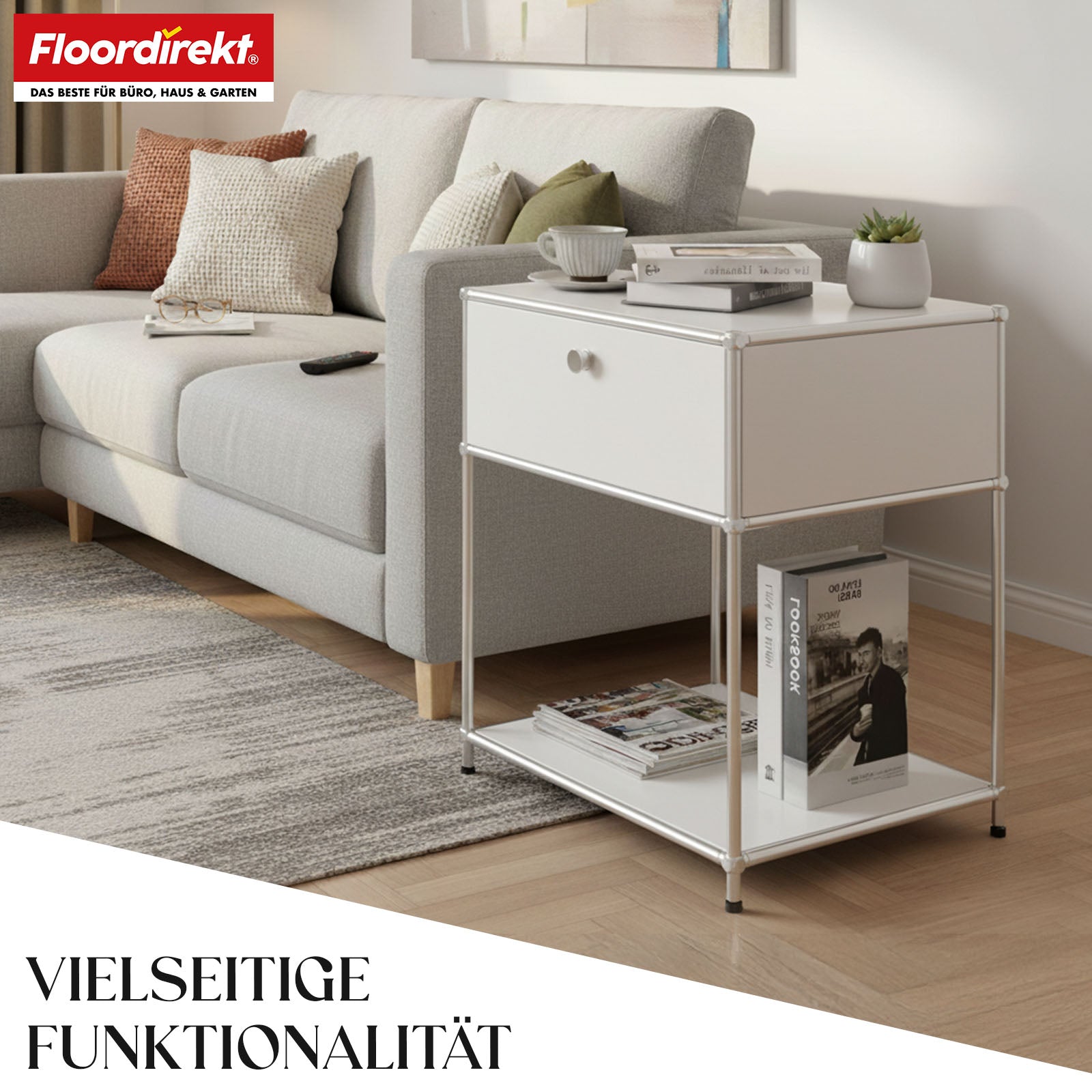 Metal shelving unit | Concept Epure MK-139 | Side table & storage shelf with drawer & shelves | Available in several colours