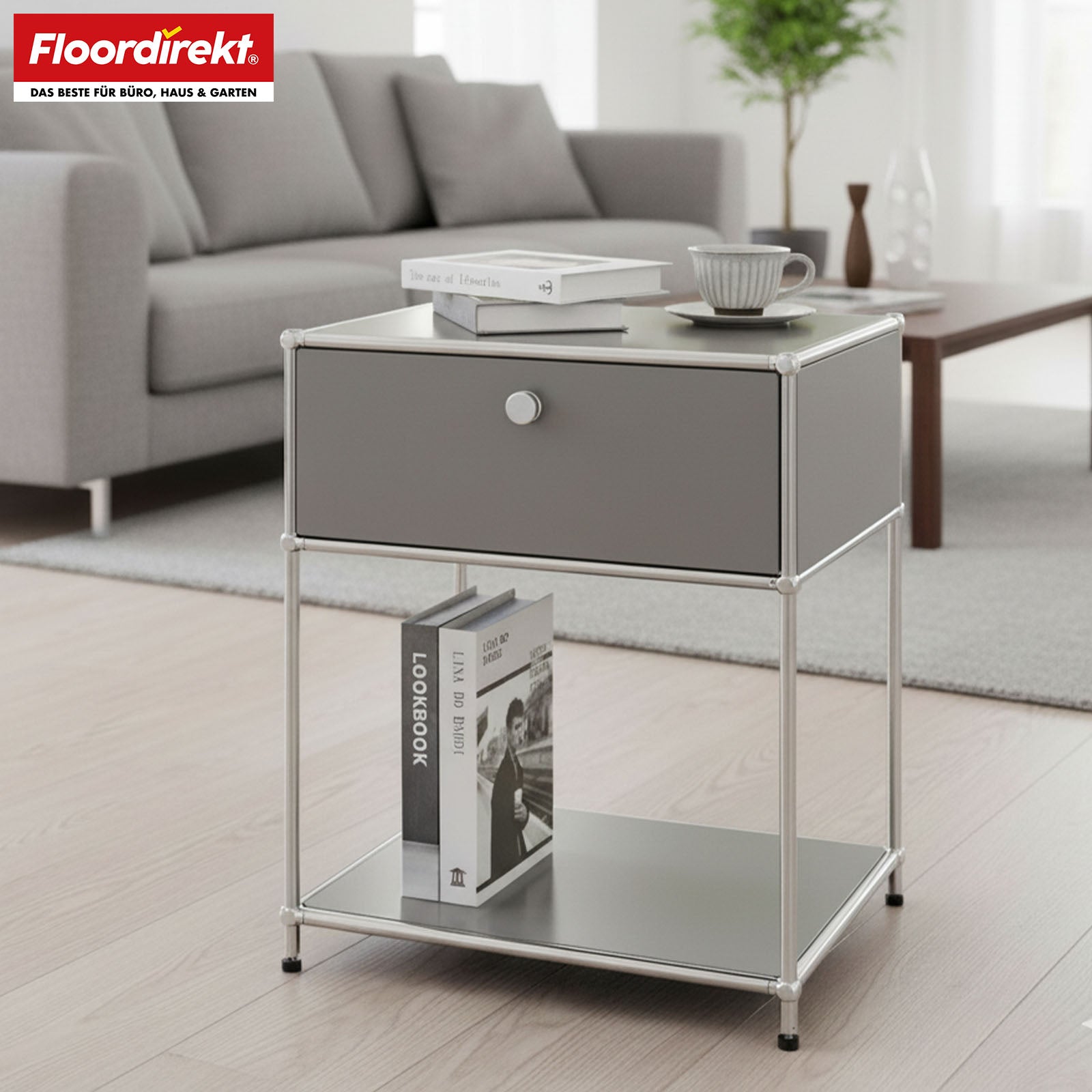 Metal shelving unit | Concept Epure MK-139 | Side table & storage shelf with drawer & shelves | Available in several colours