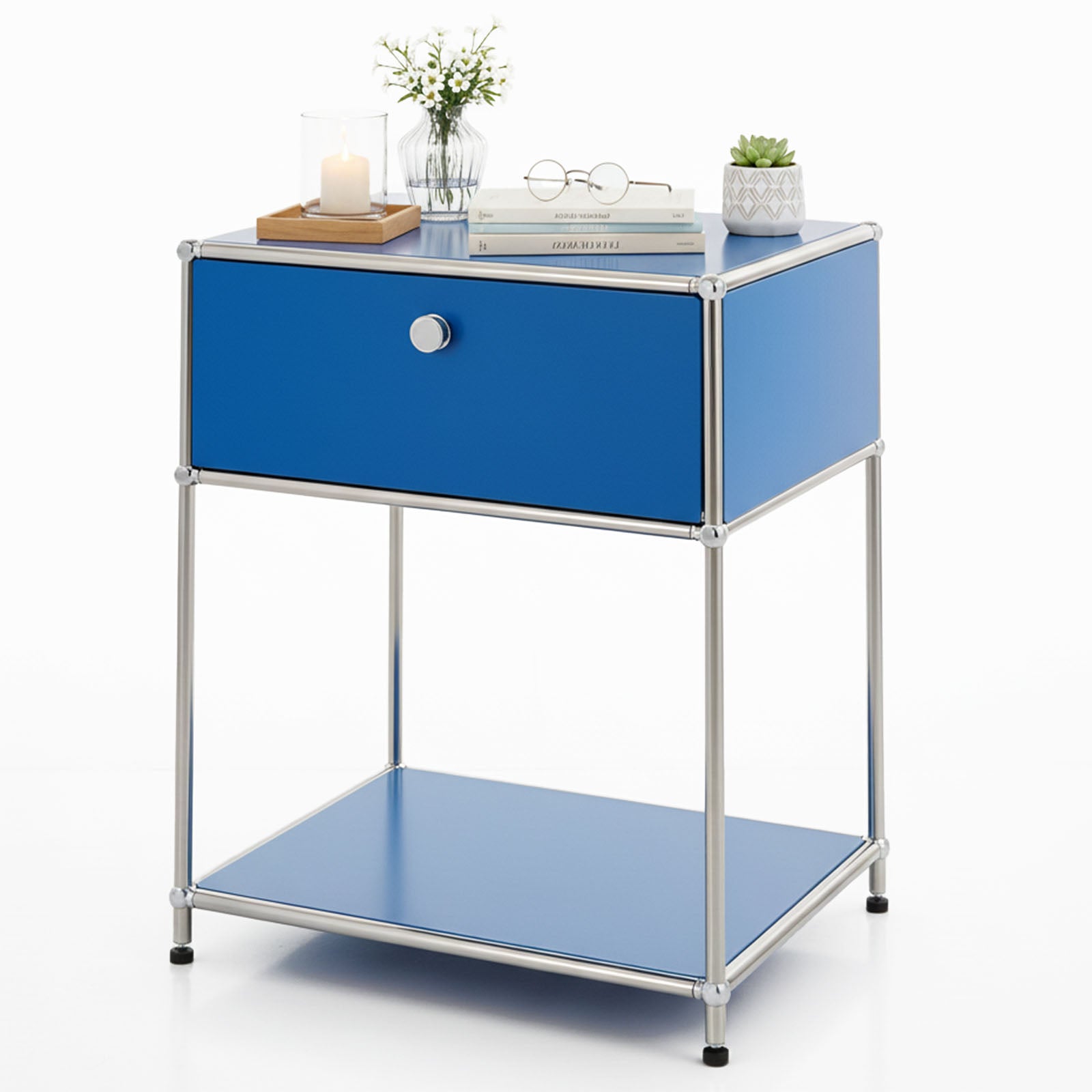 Metal shelving unit | Concept Epure MK-139 | Side table & storage shelf with drawer & shelves | Available in several colours