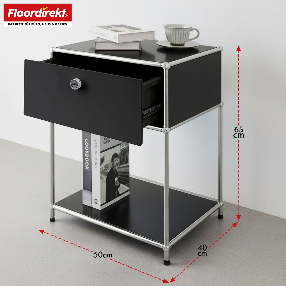 Metal shelving unit | Concept Epure MK-139 | Side table & storage shelf with drawer & shelves | Available in several colours