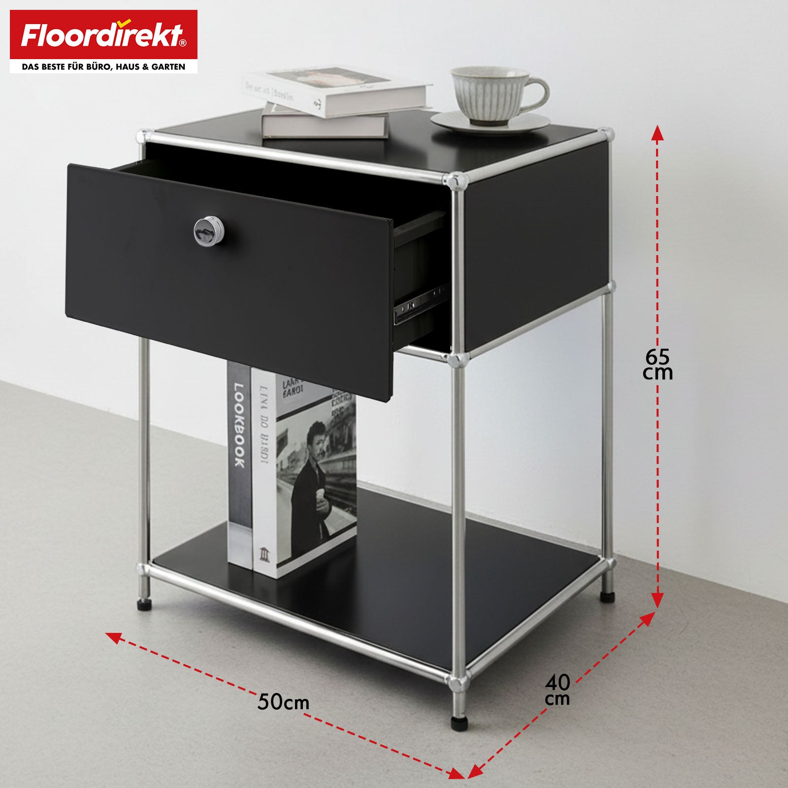 Metal shelving unit | Concept Epure MK-139 | Side table & storage shelf with drawer & shelves | Available in several colours