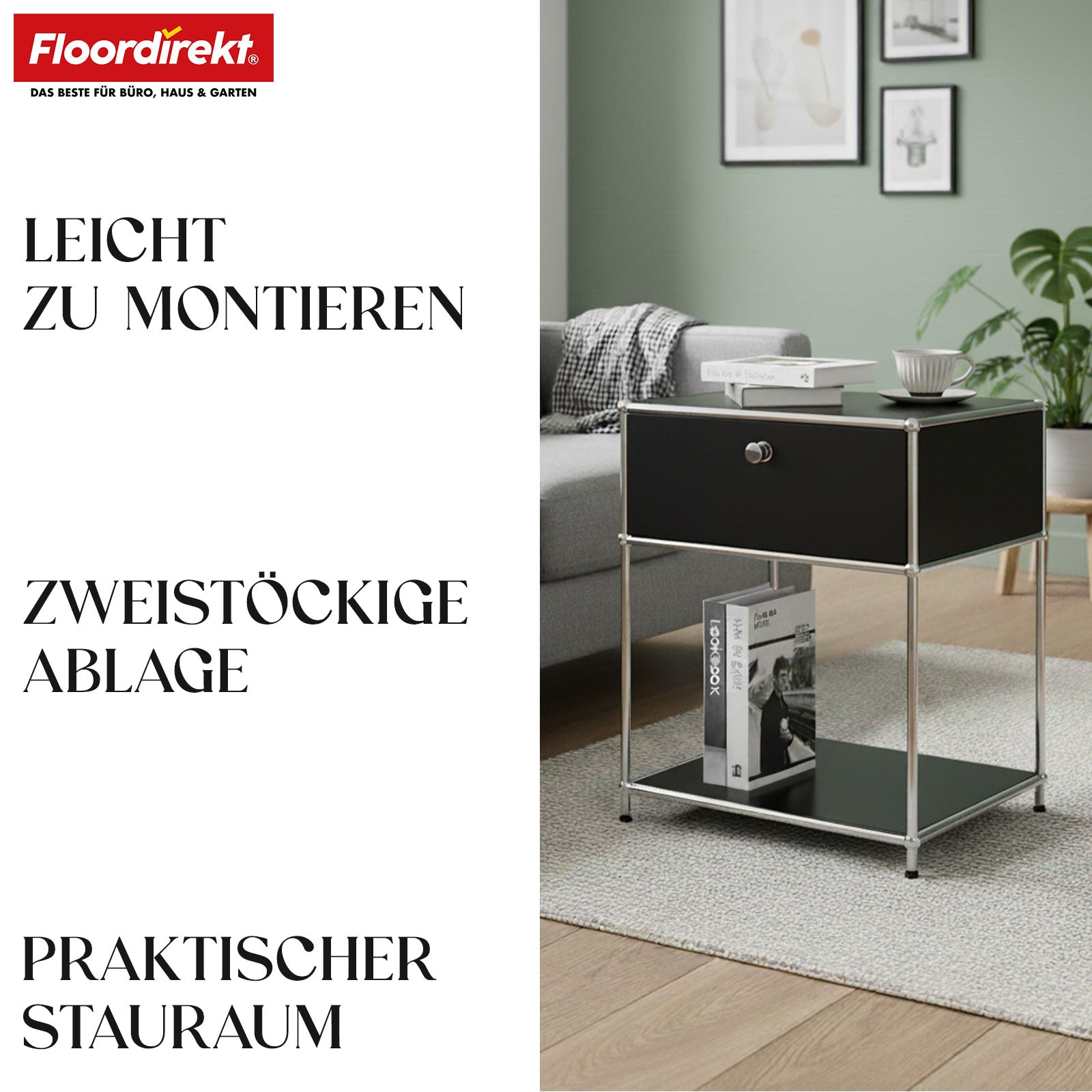 Metal shelving unit | Concept Epure MK-139 | Side table & storage shelf with drawer & shelves | Available in several colours