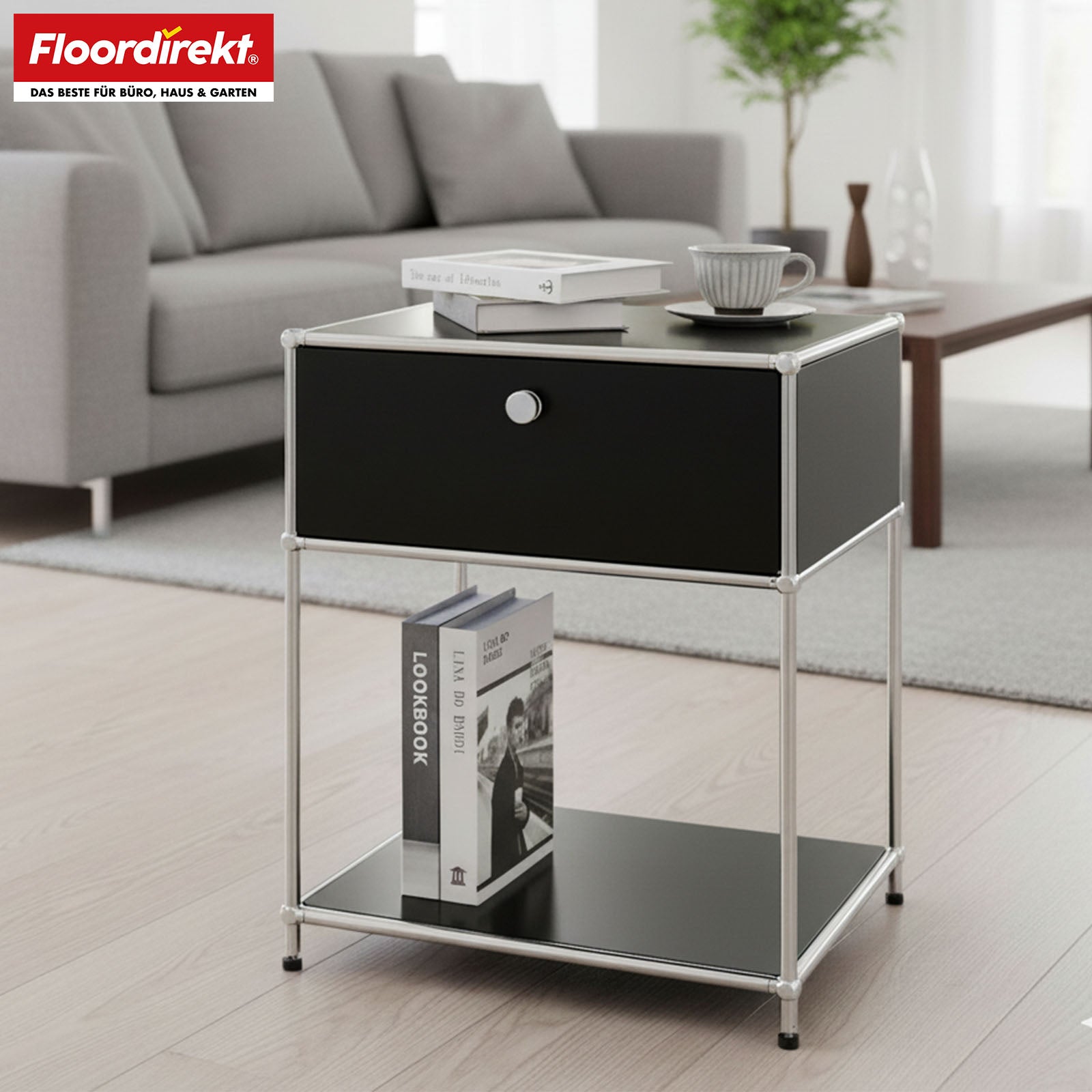 Metal shelving unit | Concept Epure MK-139 | Side table & storage shelf with drawer & shelves | Available in several colours