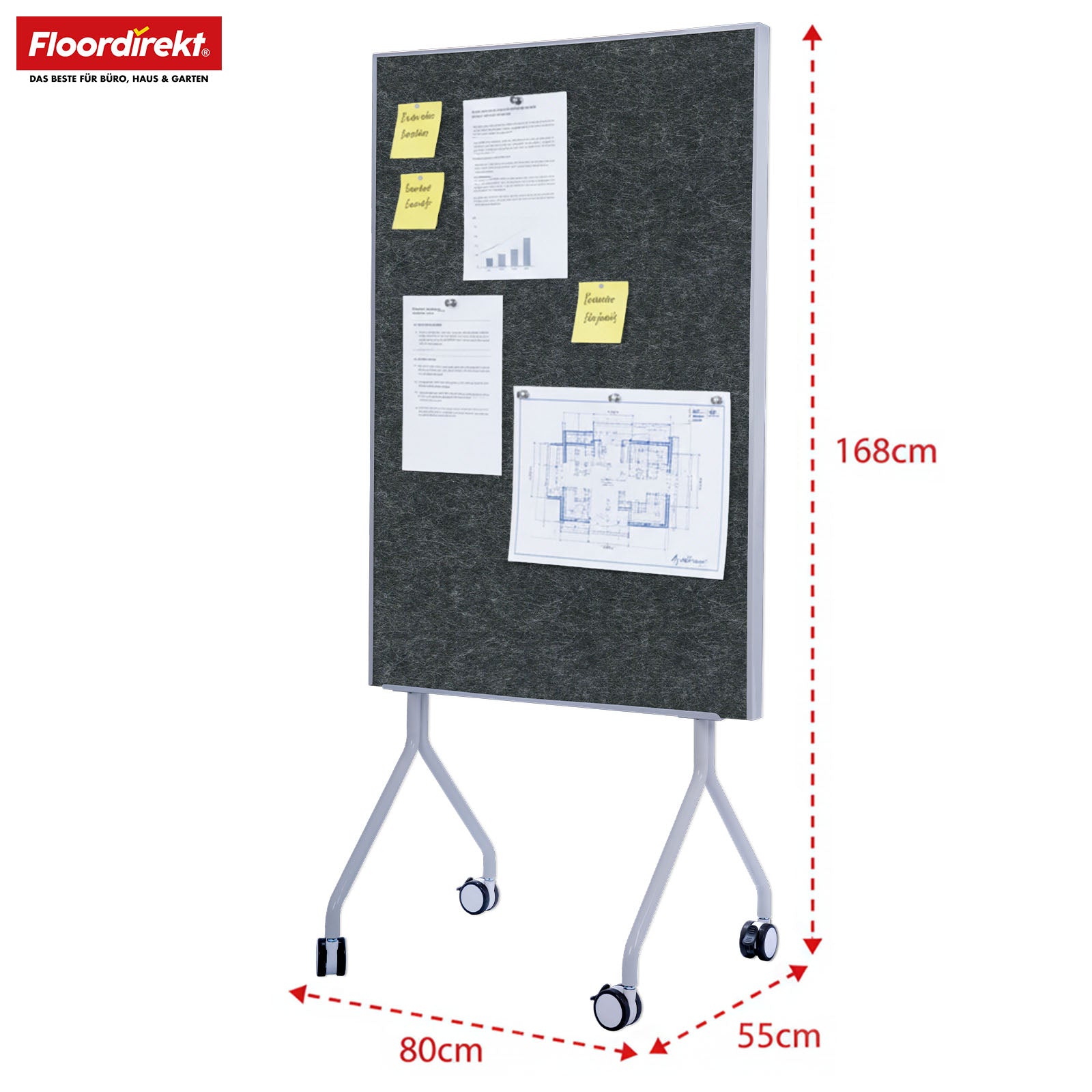 Mobile presentation board | Giant | Double-sided felt board 80 x 120 cm with lockable castors & shelf | Available in several colours