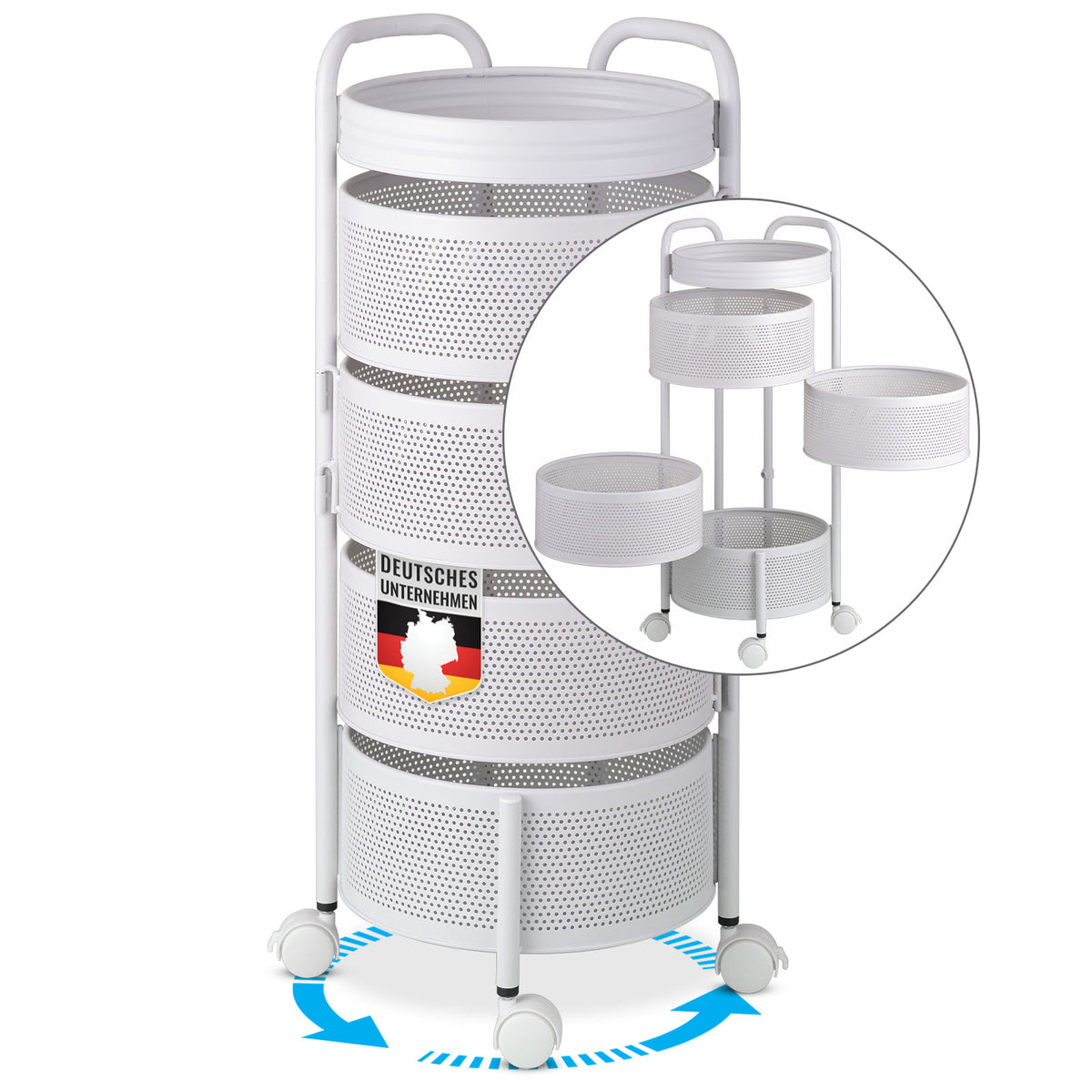 Trolley | Henry | White steel shelving unit for kitchen & bathroom | 5 shelves with fold-out baskets