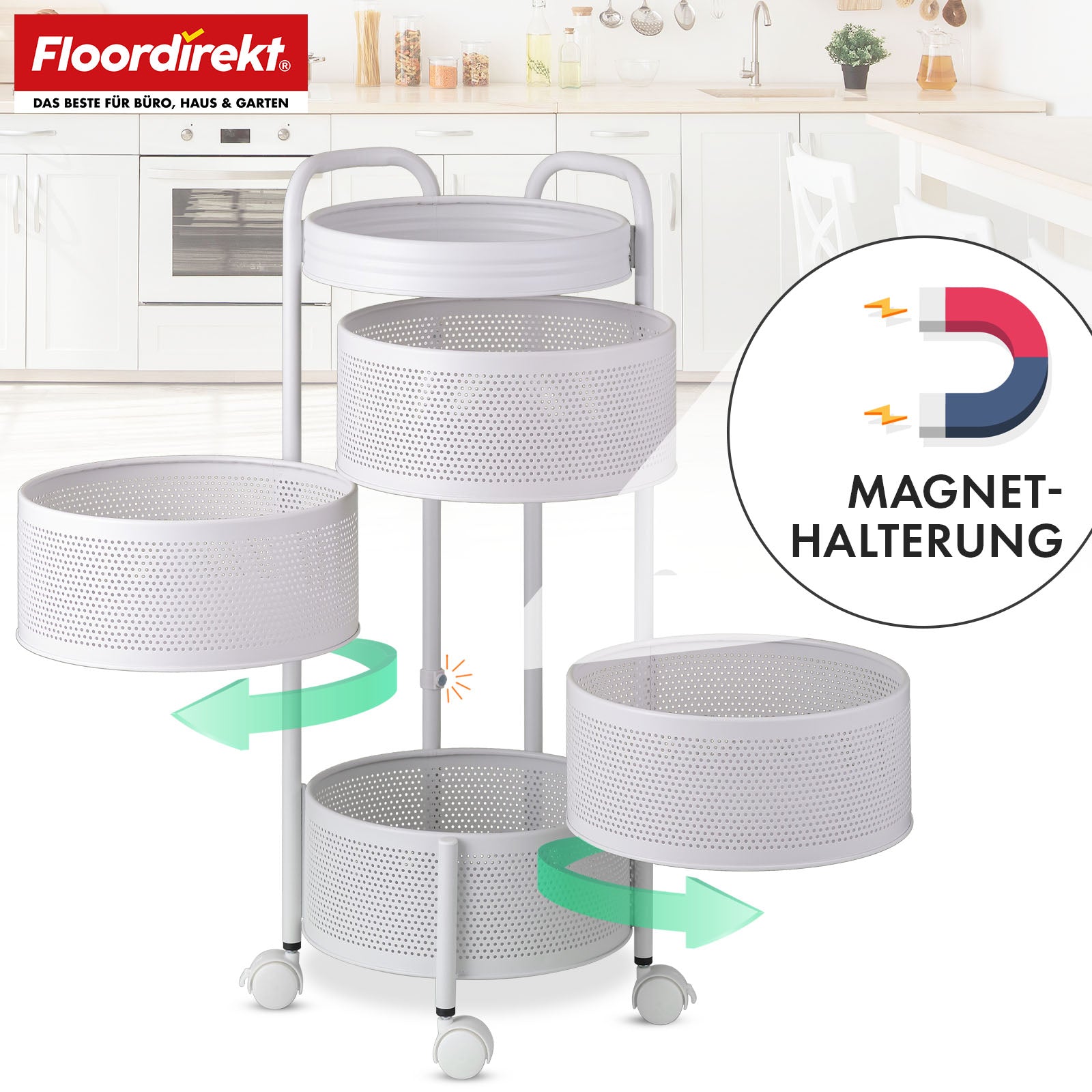 Trolley | Henry | White steel kitchen shelf | 5 shelves with fold-out baskets