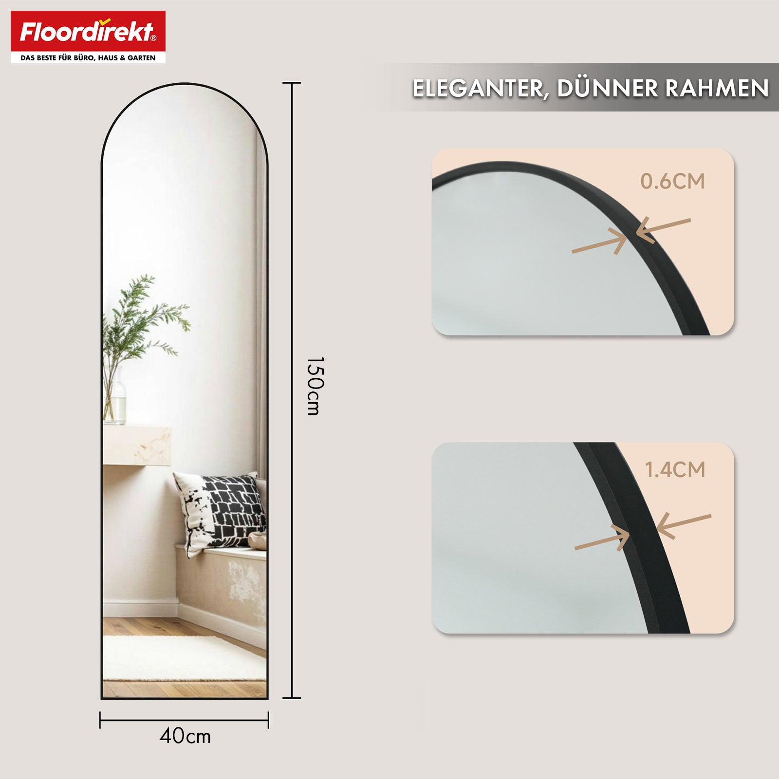Full-length mirror | Madison | Black curved aluminium frame | Free-standing & wall-mounted