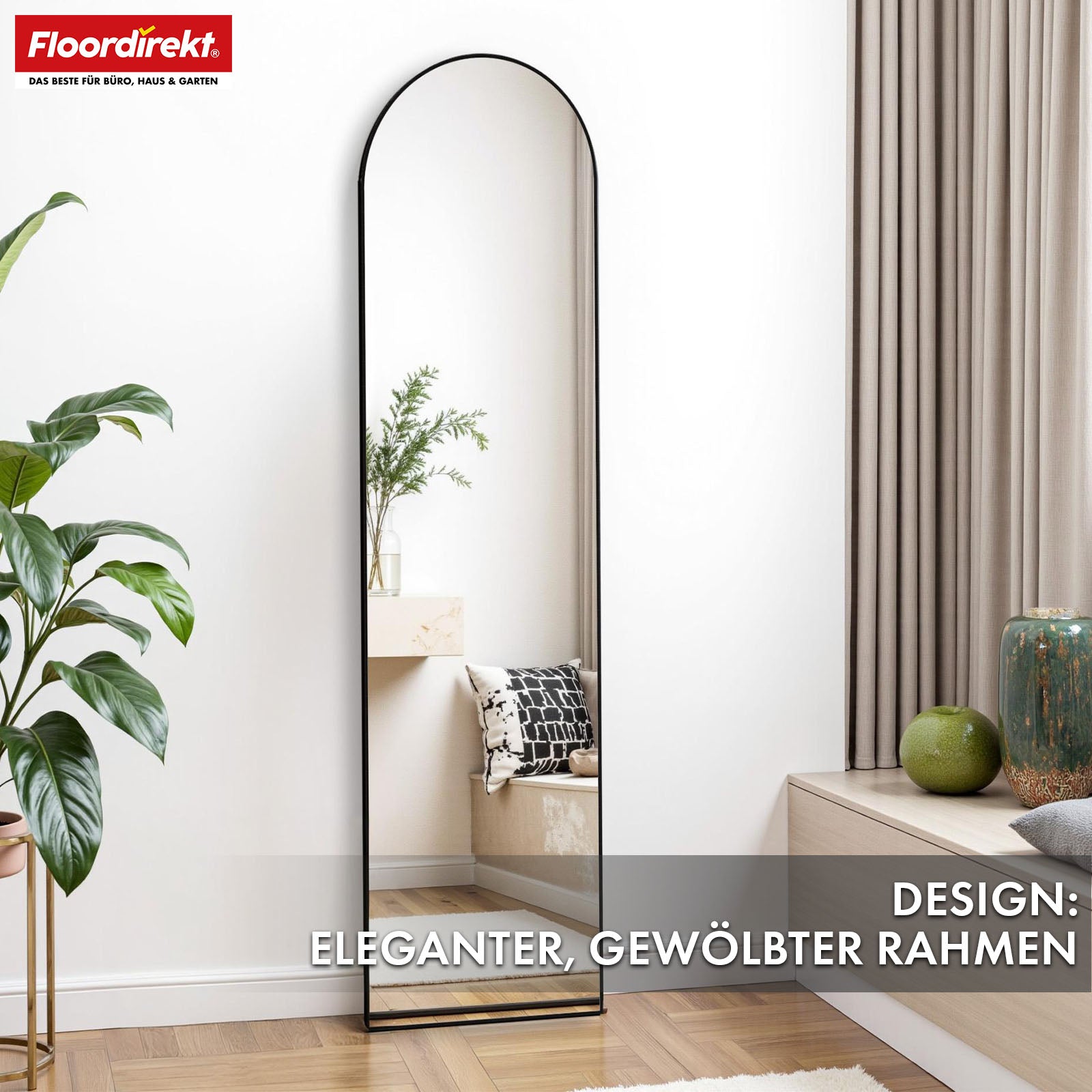 Full-length mirror | Madison | Black curved aluminium frame | Free-standing & wall-mounted