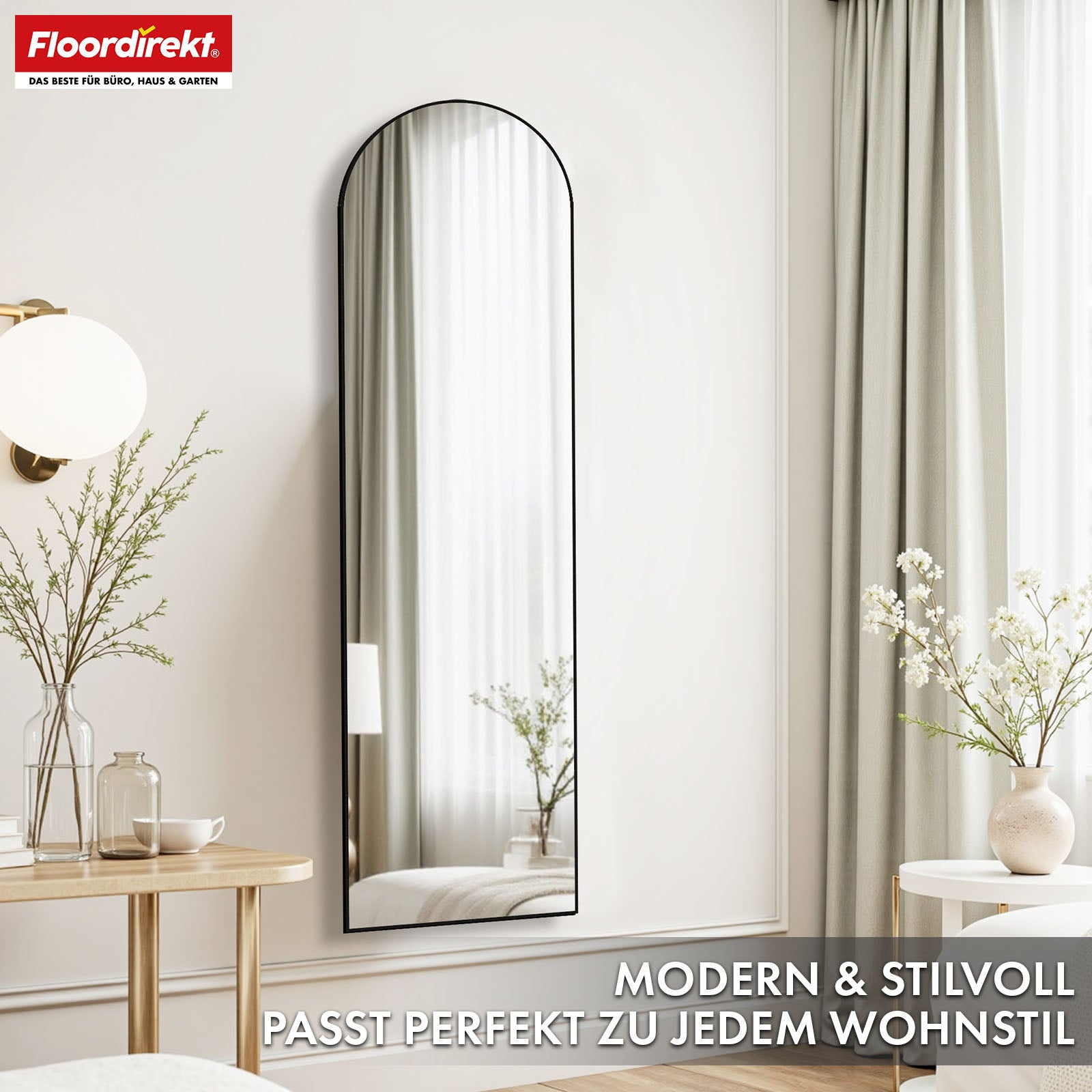Full-length mirror | Madison | Black curved aluminium frame | Free-standing & wall-mounted