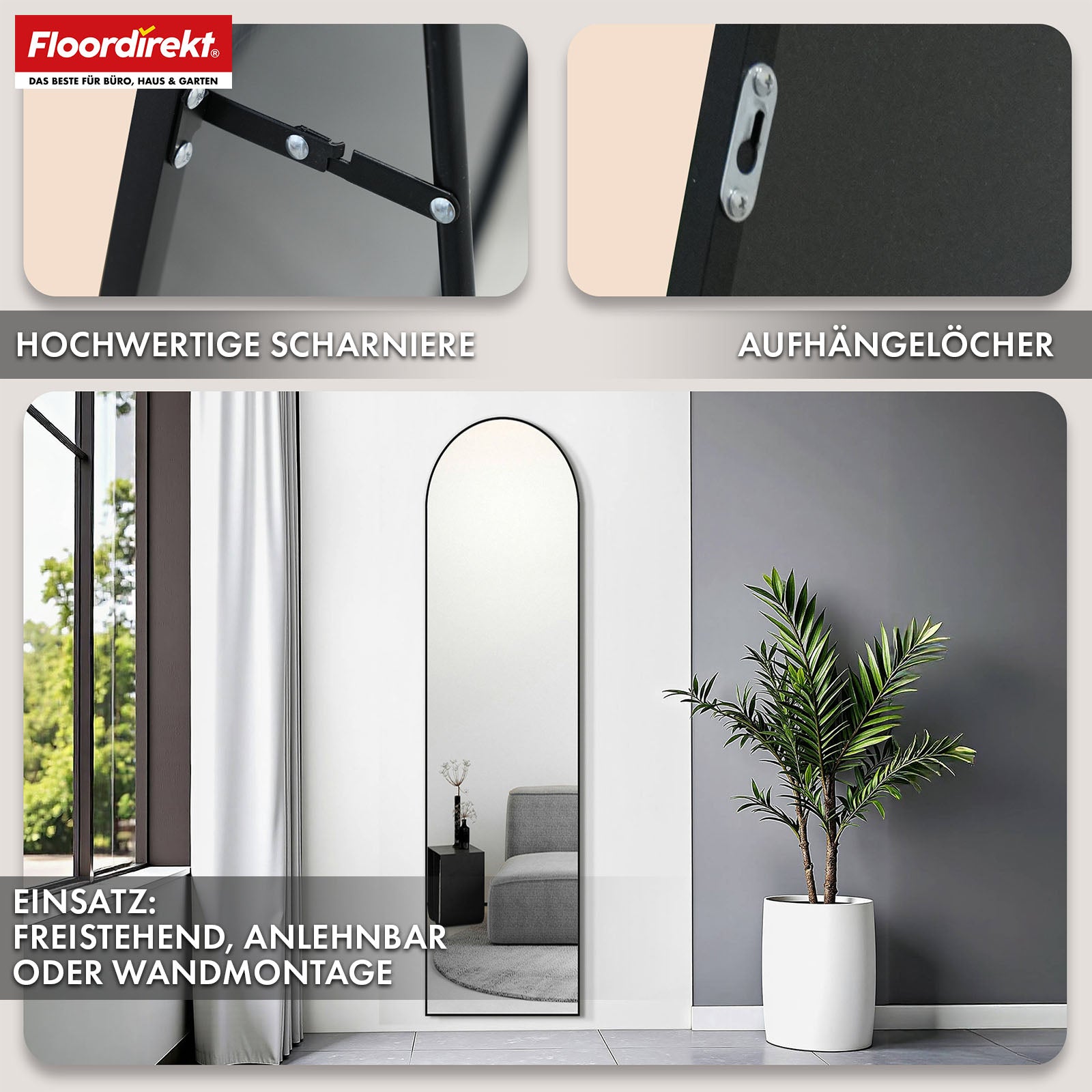 Full-length mirror | Madison | Black curved aluminium frame | Free-standing & wall-mounted