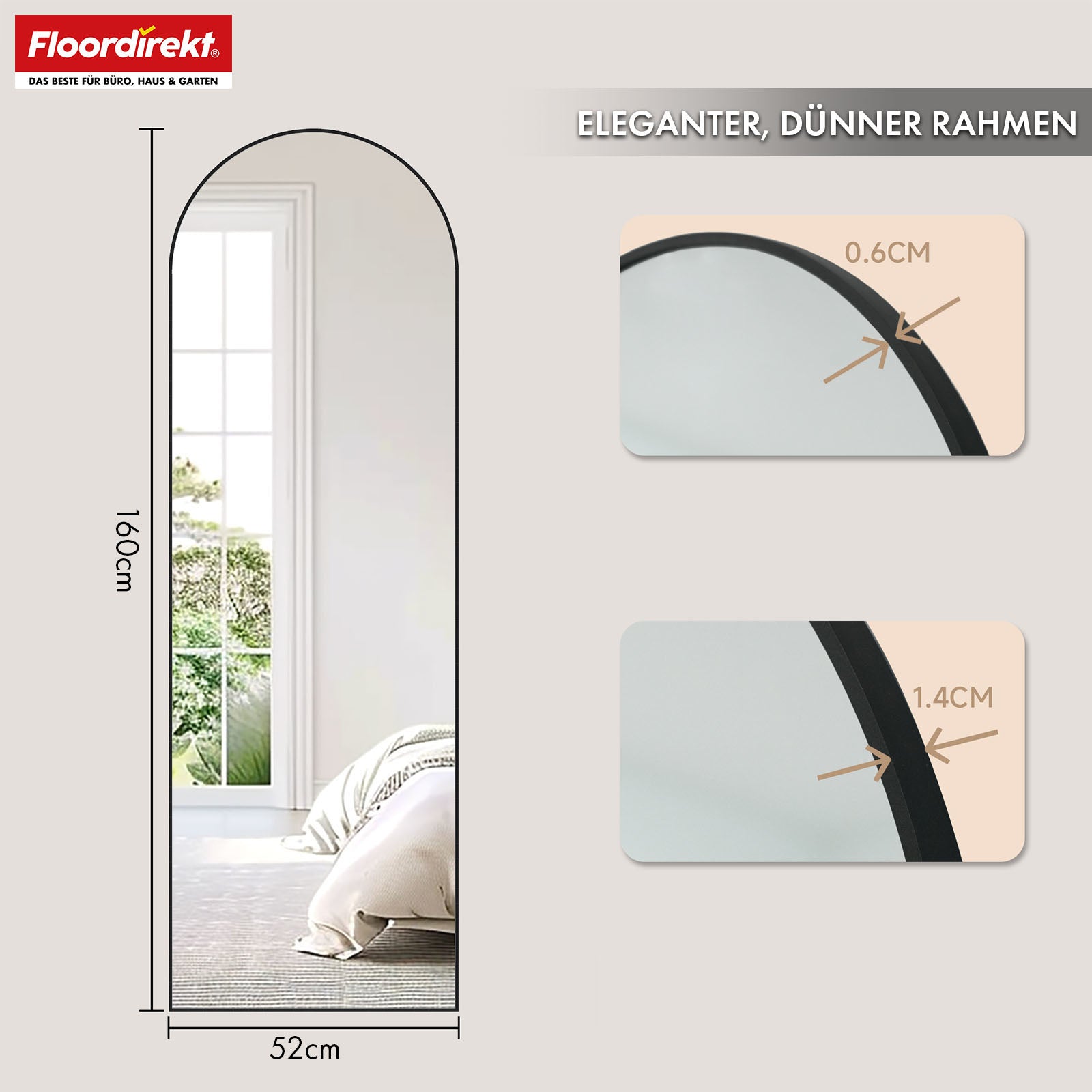 Full-length mirror | Madison | Black curved aluminium frame | Free-standing & wall-mounted