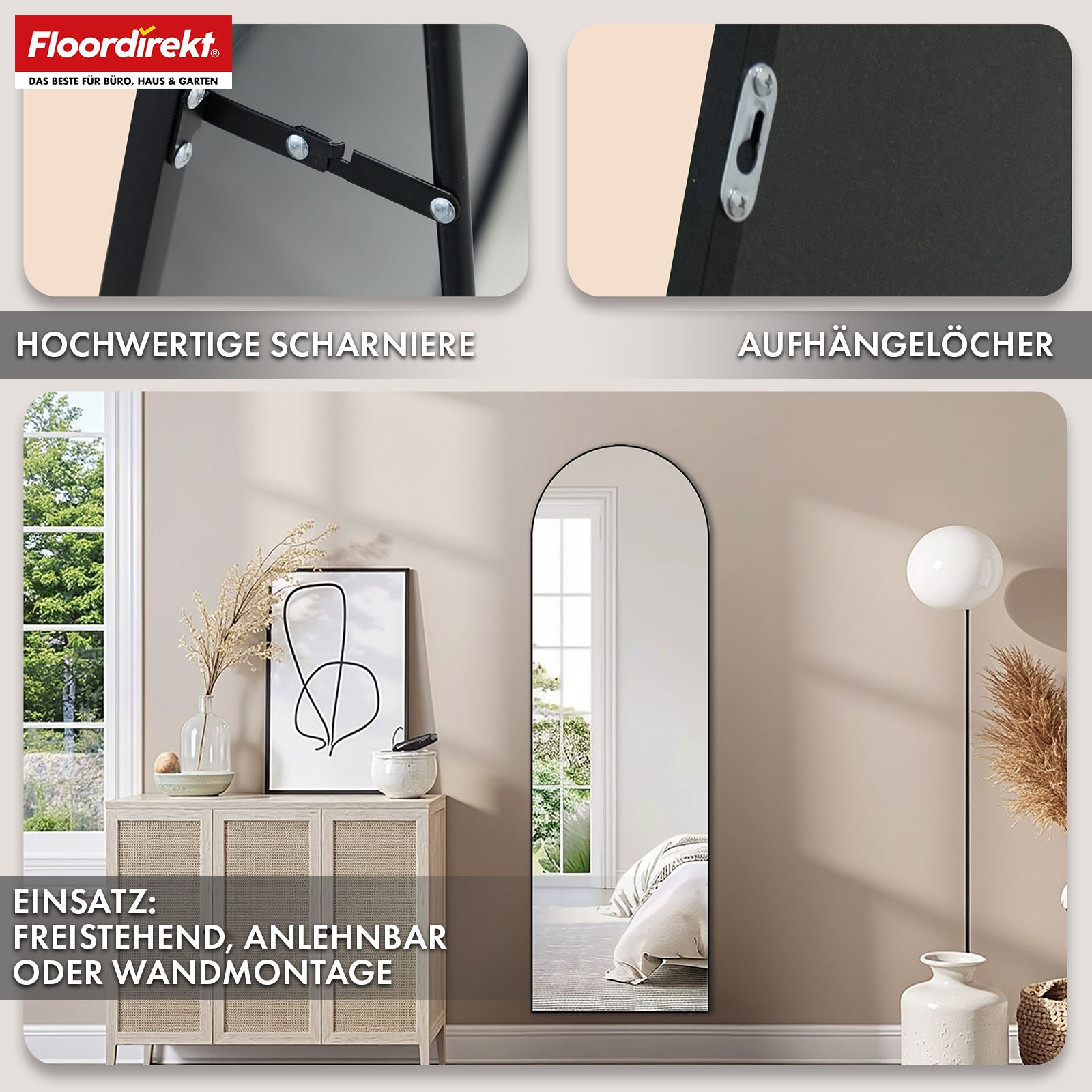 Full-length mirror | Madison | Black curved aluminium frame | Free-standing & wall-mounted