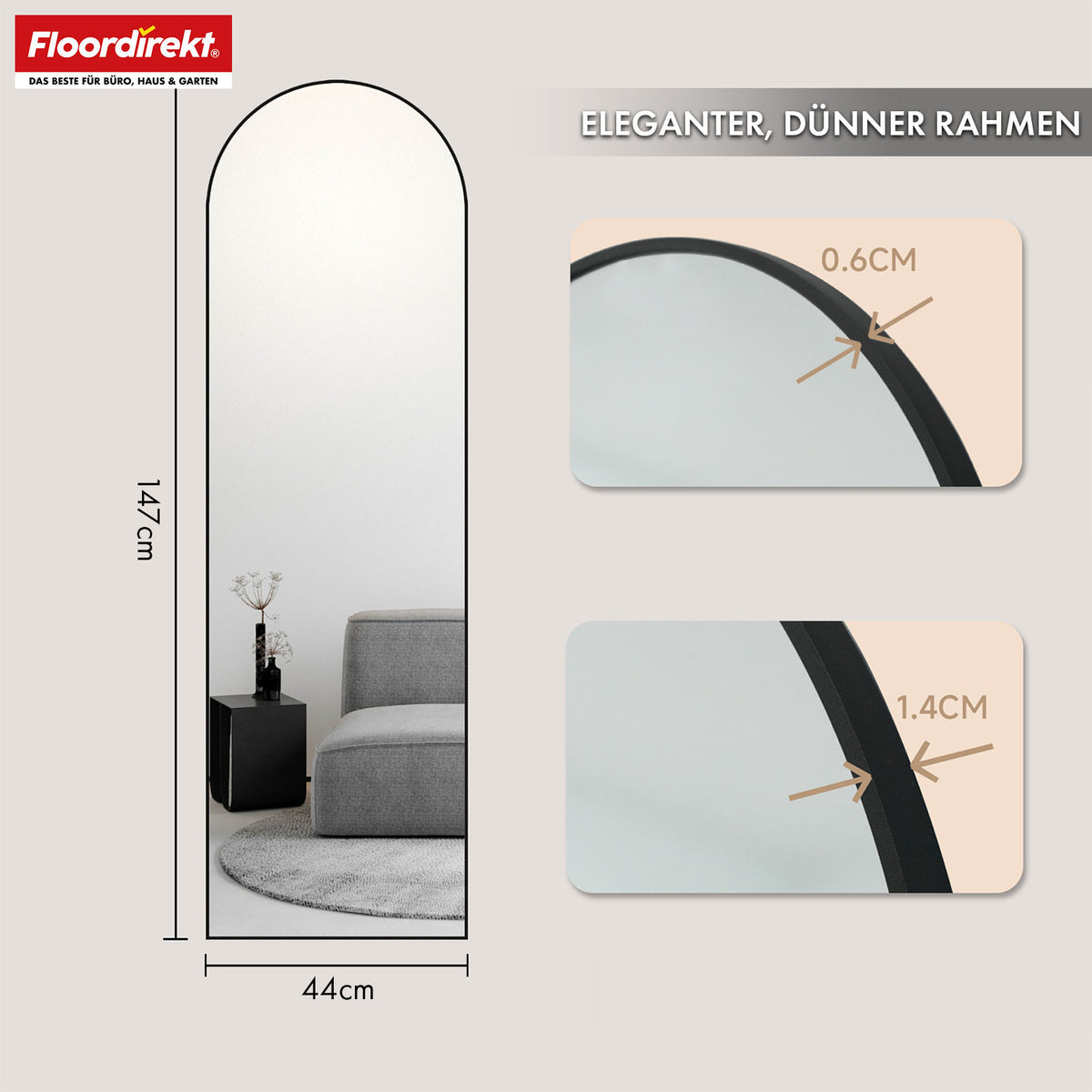 Full-length mirror | Madison | Black curved aluminium frame | Free-standing & wall-mounted