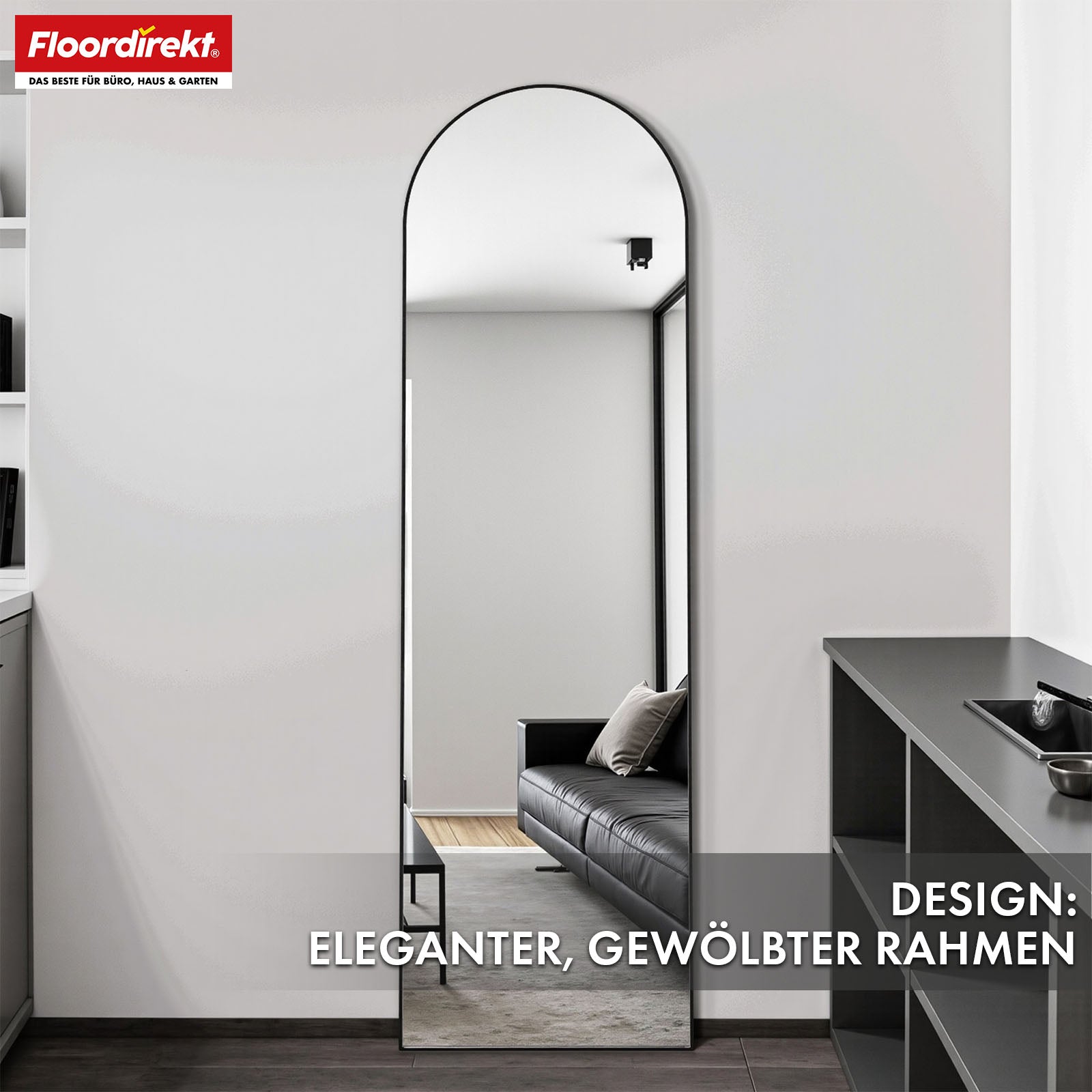Full-length mirror | Madison | Black curved aluminium frame | Free-standing & wall-mounted