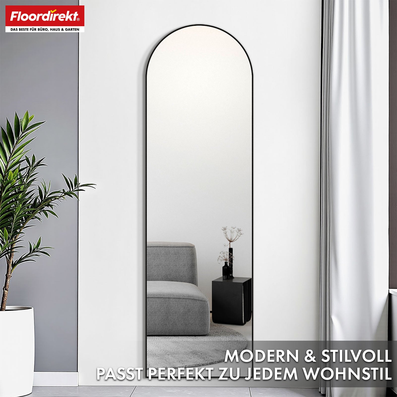 Full-length mirror | Madison | Black curved aluminium frame | Free-standing & wall-mounted