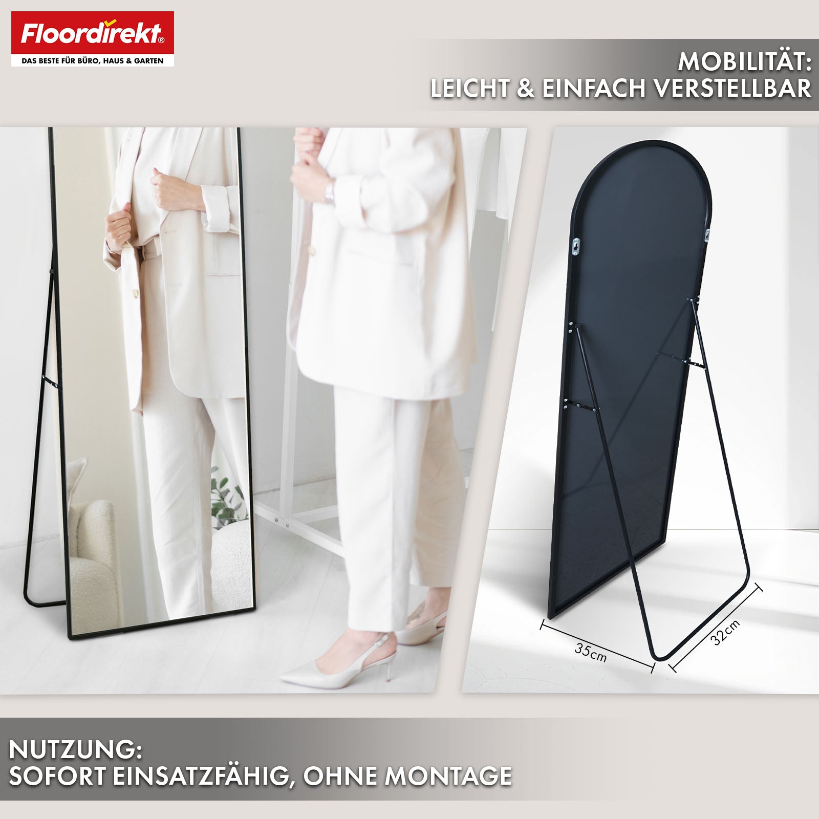 Full-length mirror | Madison | Black curved aluminium frame | Free-standing & wall-mounted
