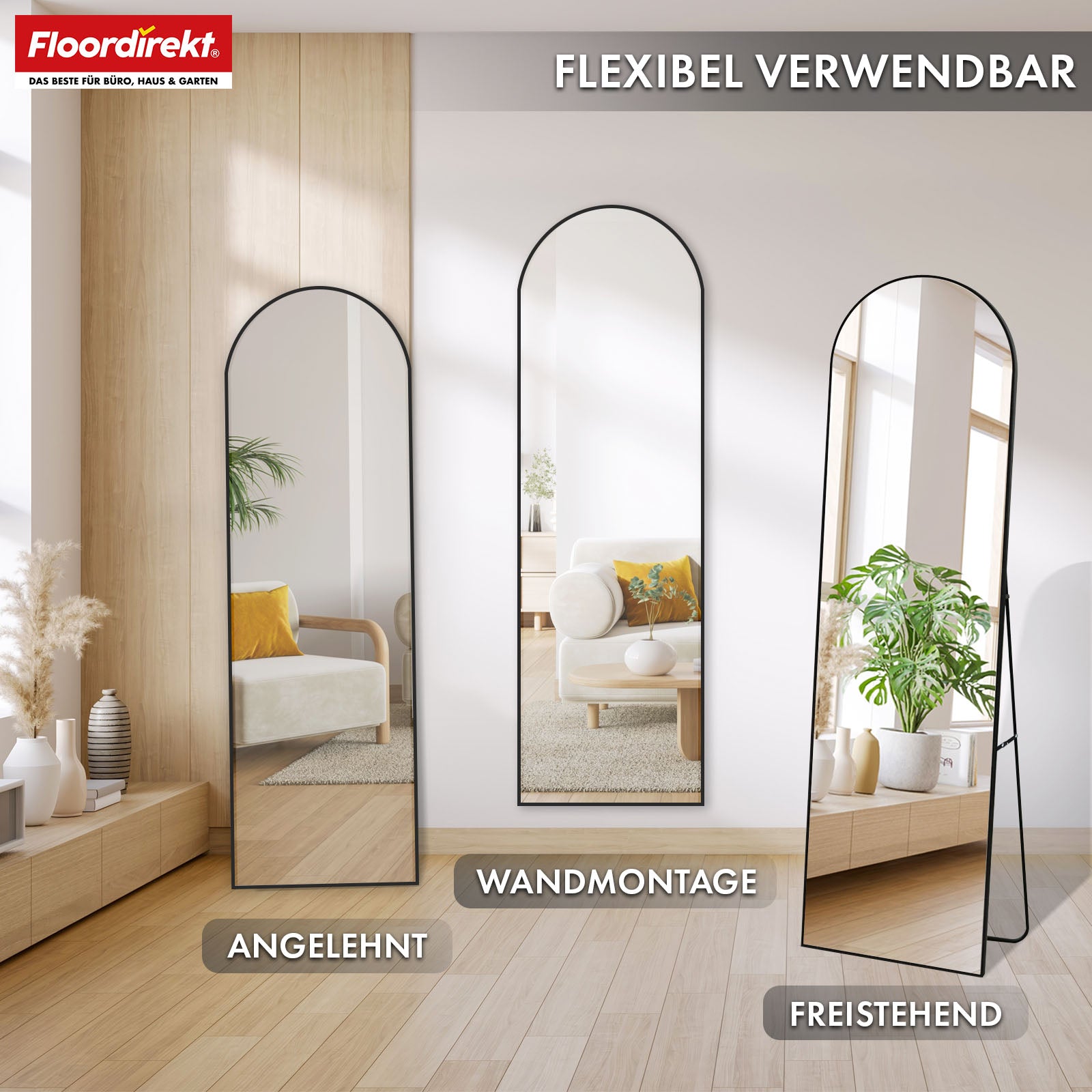 Full-length mirror | Madison | Black curved aluminium frame | Free-standing & wall-mounted
