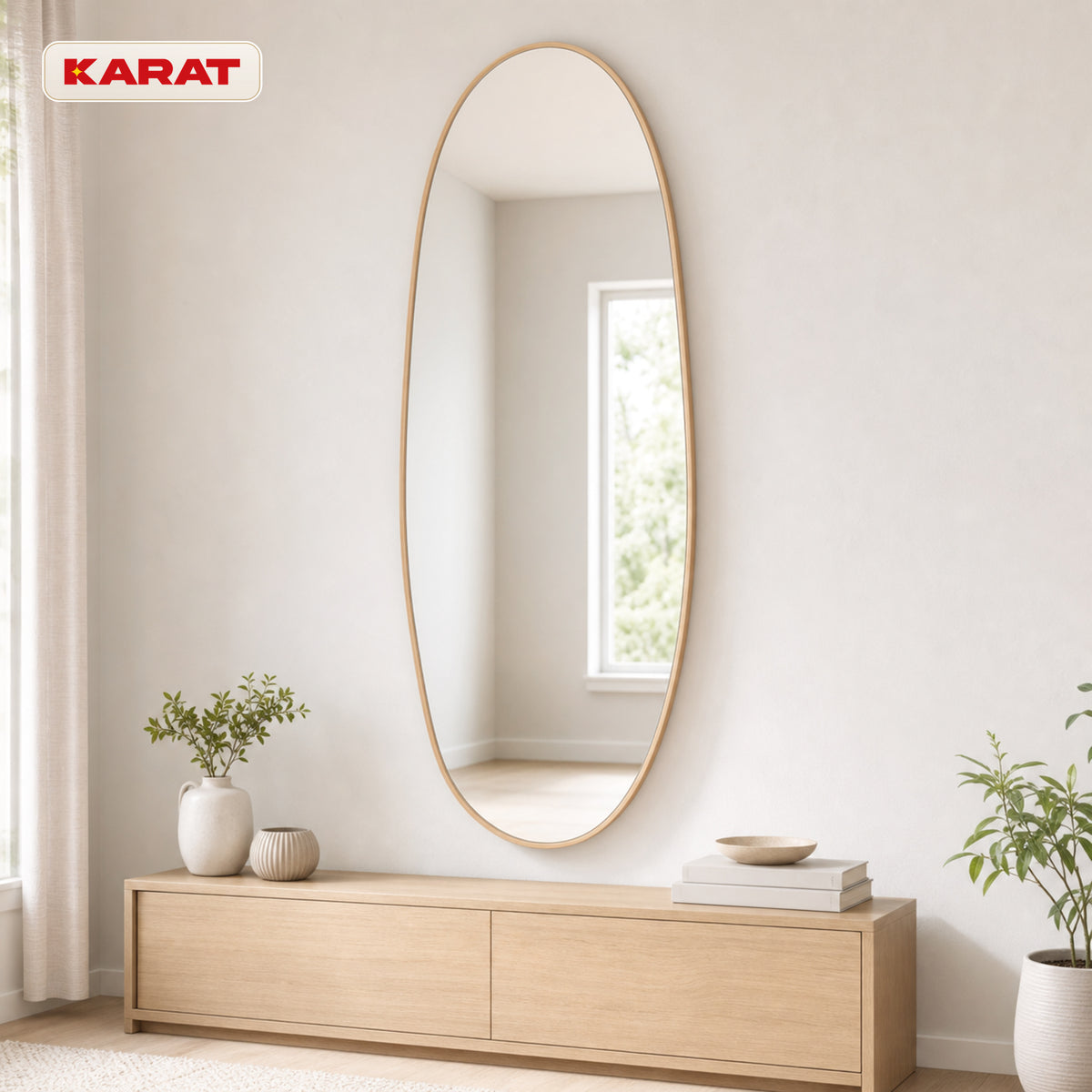 Full Length Mirror | Nina | Organic Wall Mirror with Wood-Effect Aluminum Frame | 65 × 150 cm