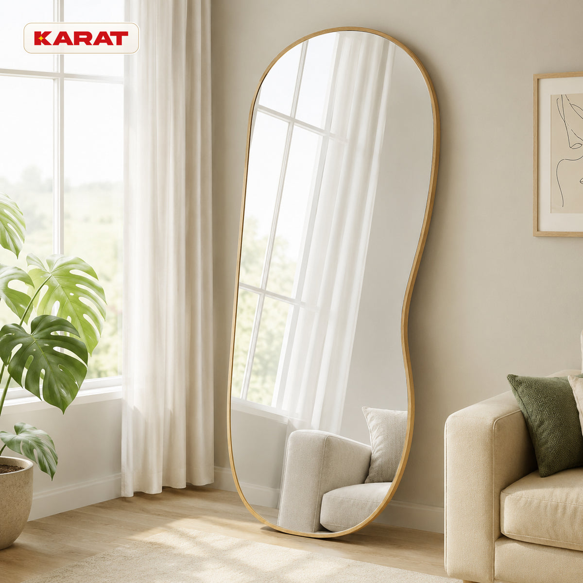 Wall Mirror | Serena | Organic Full-Length Mirror with Wood-Look Aluminum Frame | 60 × 120 cm