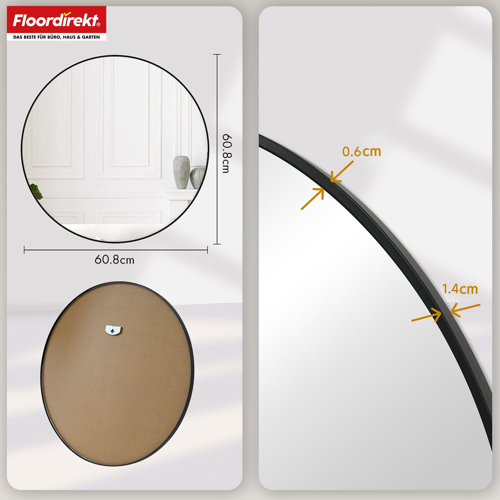 Wall mirror | Bella | Round mirror with black aluminium alloy frame | Available in various sizes
