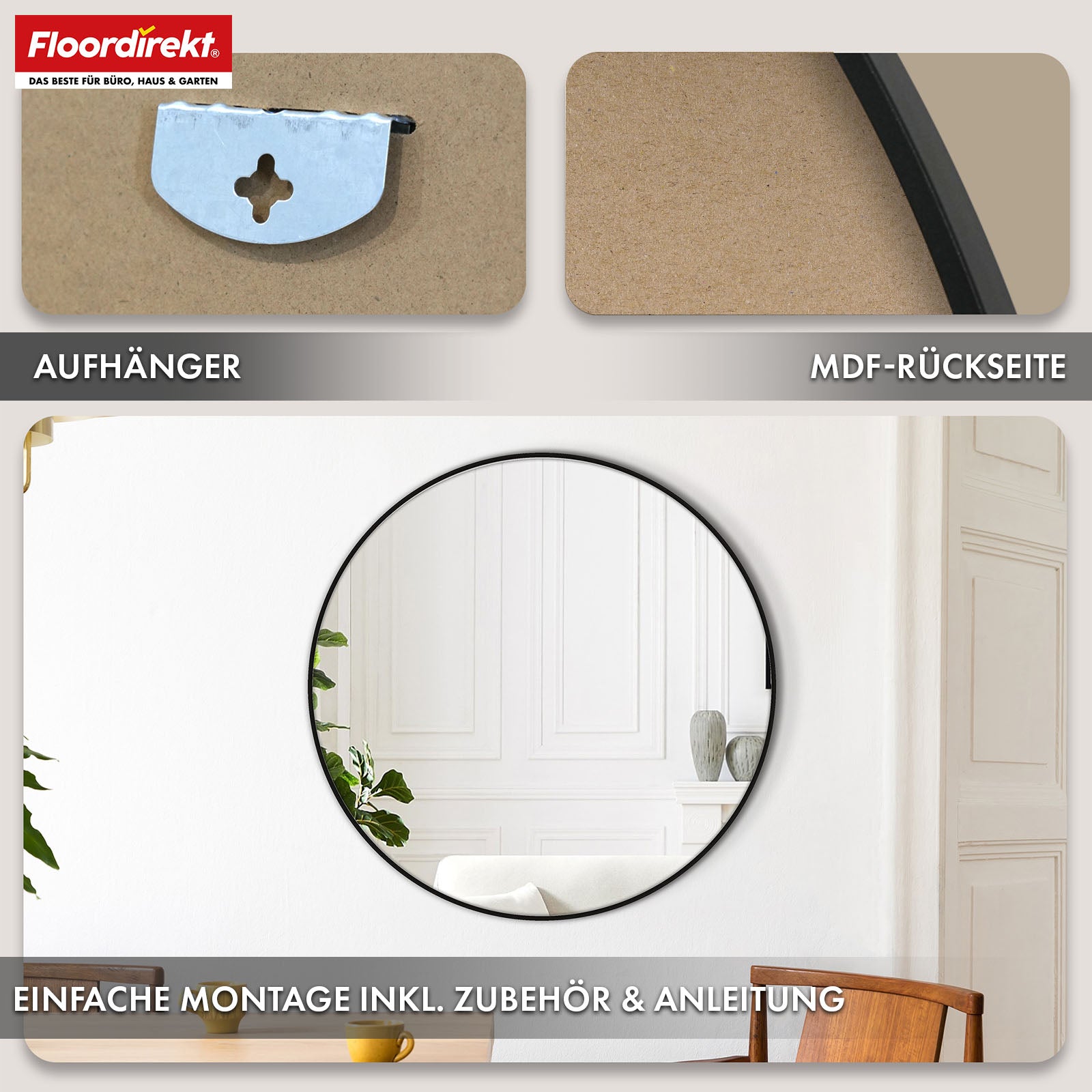 Wall mirror | Bella | Round mirror with black aluminium alloy frame | Available in various sizes
