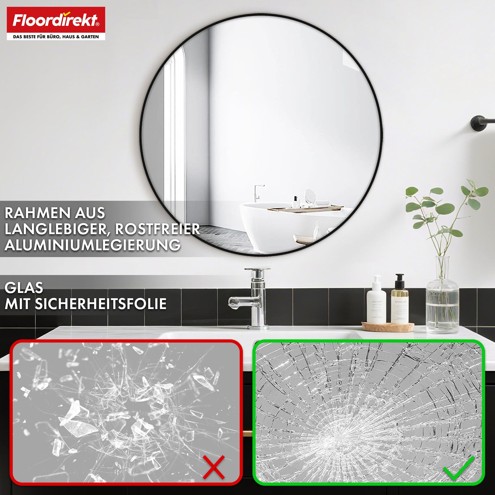 Wall mirror | Bella | Round mirror with black aluminium alloy frame | Available in various sizes