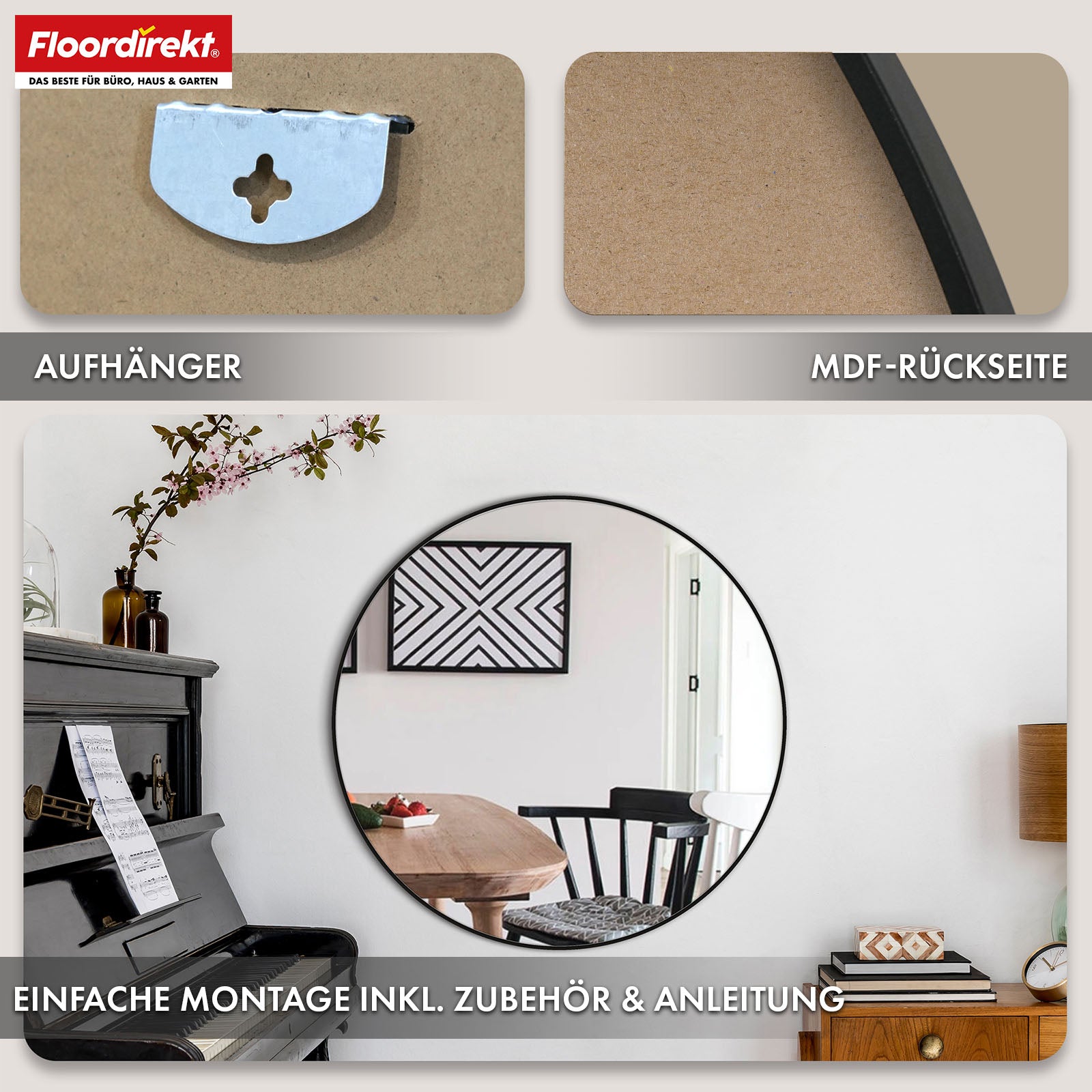 Wall mirror | Bella | Round mirror with black aluminium alloy frame | Available in various sizes