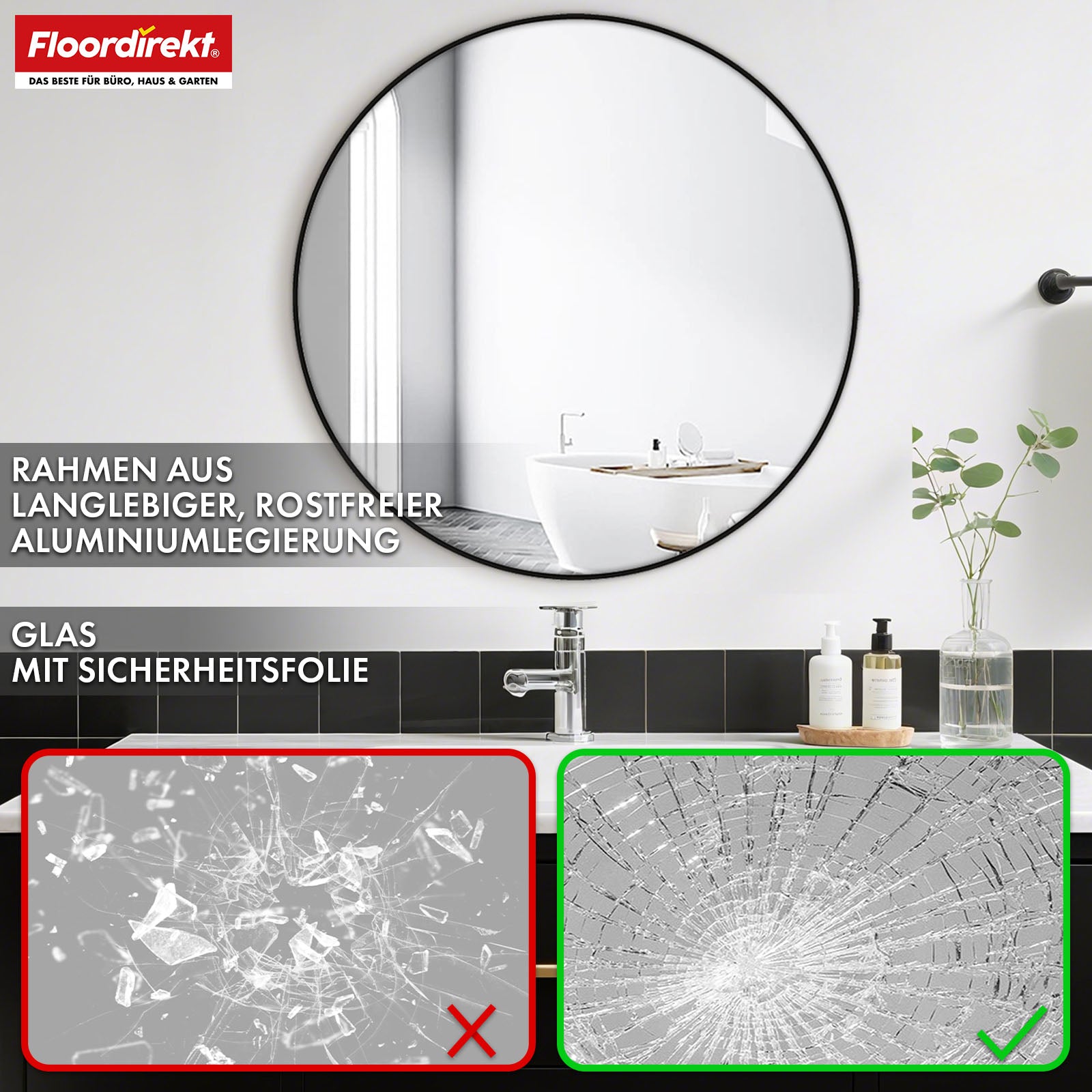 Wall mirror | Bella | Round mirror with black aluminium alloy frame | Available in various sizes
