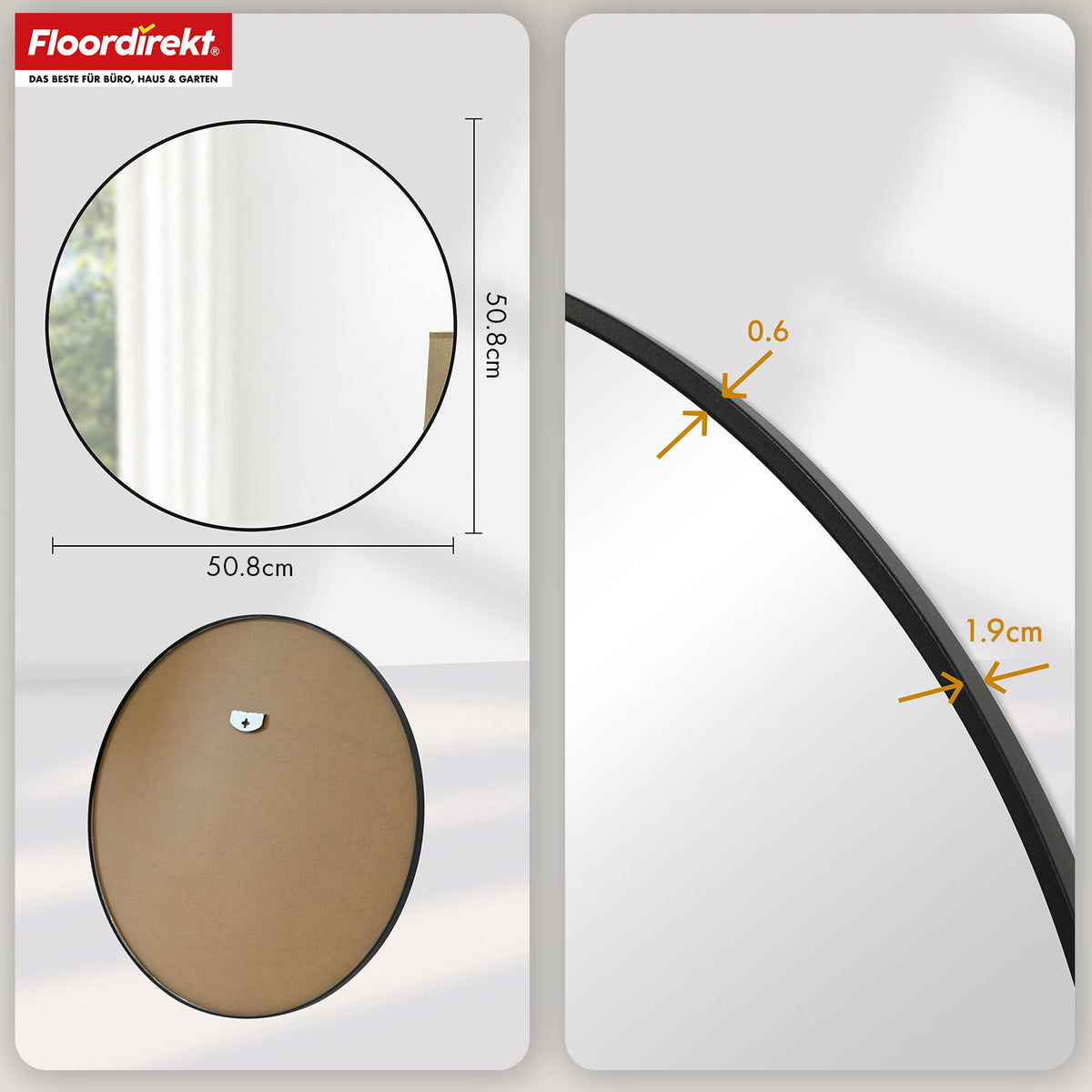 Wall mirror | Bella | Round mirror with black aluminium alloy frame | Available in various sizes
