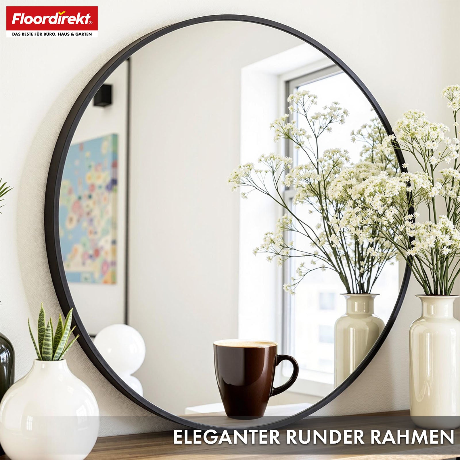 Wall mirror | Bella | Round mirror with black aluminium alloy frame | Available in various sizes