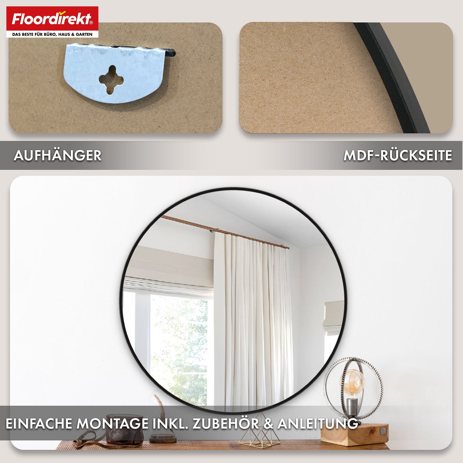 Wall mirror | Bella | Round mirror with black aluminium alloy frame | Available in various sizes