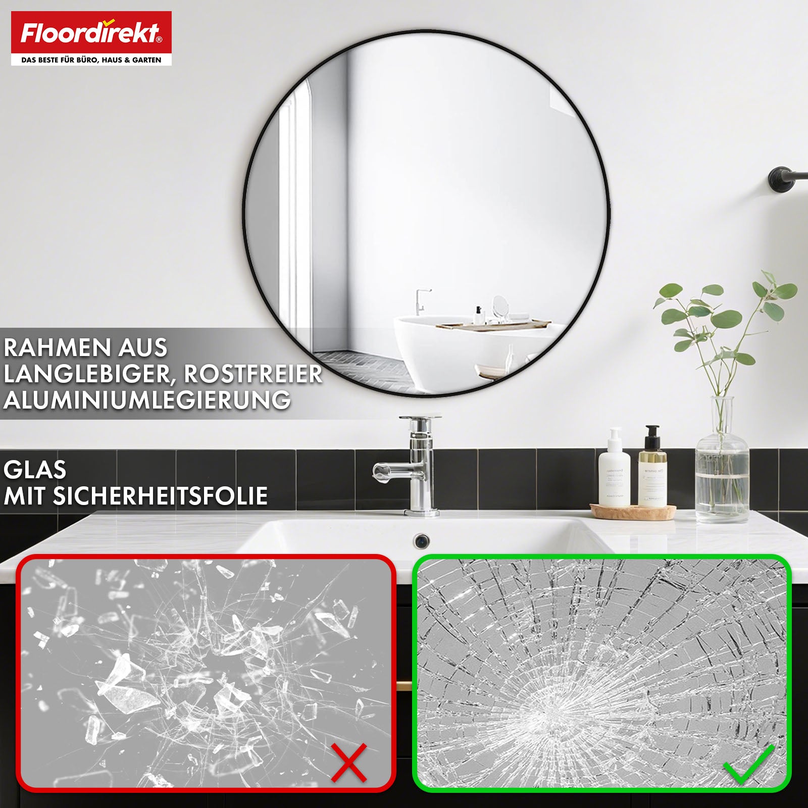 Wall mirror | Bella | Round mirror with black aluminium alloy frame | Available in various sizes