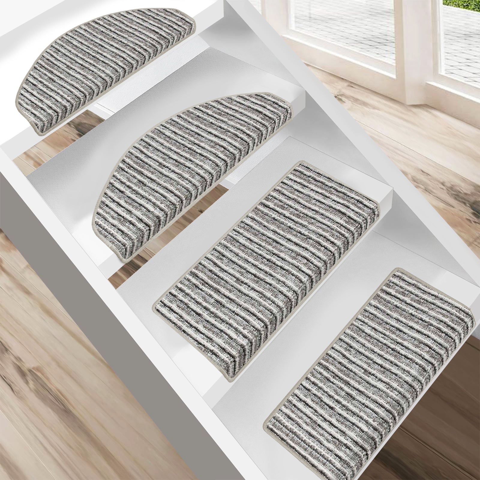 15 Stair Tread Mats - Self-Adhesive, Semicircular, 65 X 23 Cm, Anthracite Printed, Indoor Stair Protection-420023