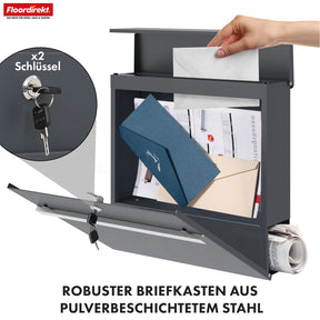 Letterbox | Gaston | Modern wall-mounted letterbox with newspaper compartment & stainless steel nameplate in anthracite