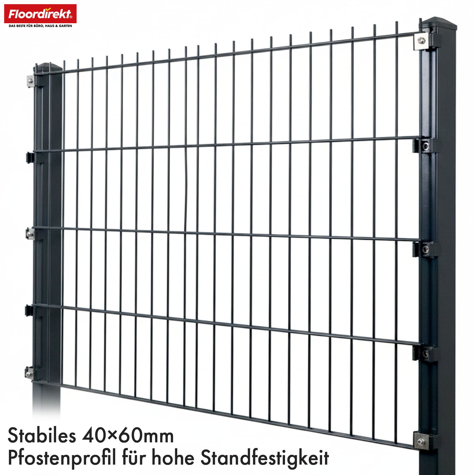 Discover the robust LIMES double-rod fence in anthracite. High-quality steel fence complete set with posts – ideal for gardens, properties and driveways. Available in various heights and lengths. Durable, stable and modern.