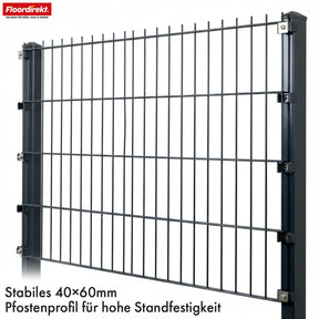 Discover the robust LIMES double-rod fence in anthracite. High-quality steel fence complete set with posts – ideal for gardens, properties and driveways. Available in various heights and lengths. Durable, stable and modern.