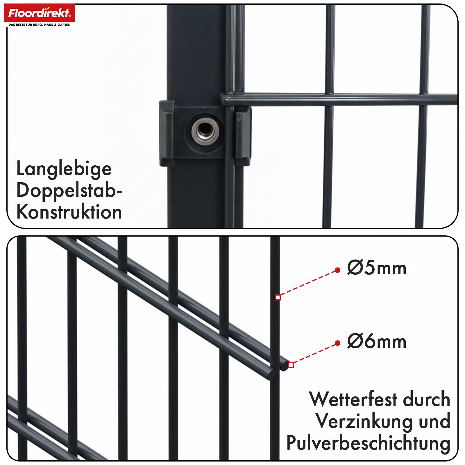 Discover the robust LIMES double-rod fence in anthracite. High-quality steel fence complete set with posts – ideal for gardens, properties and driveways. Available in various heights and lengths. Durable, stable and modern.