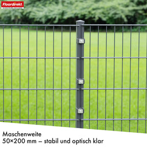 Discover the robust LIMES double-rod fence in anthracite. High-quality steel fence complete set with posts – ideal for gardens, properties and driveways. Available in various heights and lengths. Durable, stable and modern.