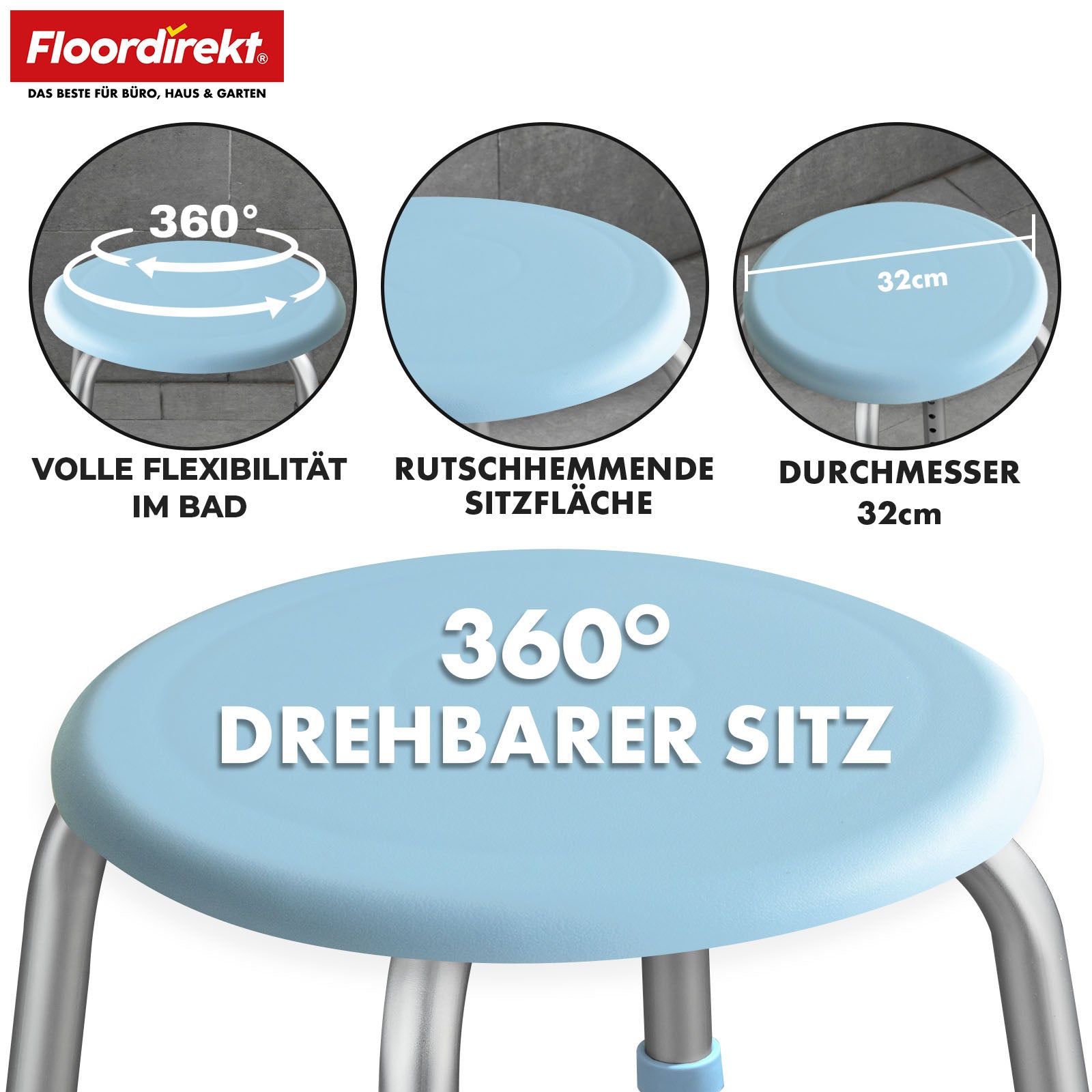 Shower Stool | Pedro | Height-Adjustable Swivel Stool 360° Rotating up to 150 kg